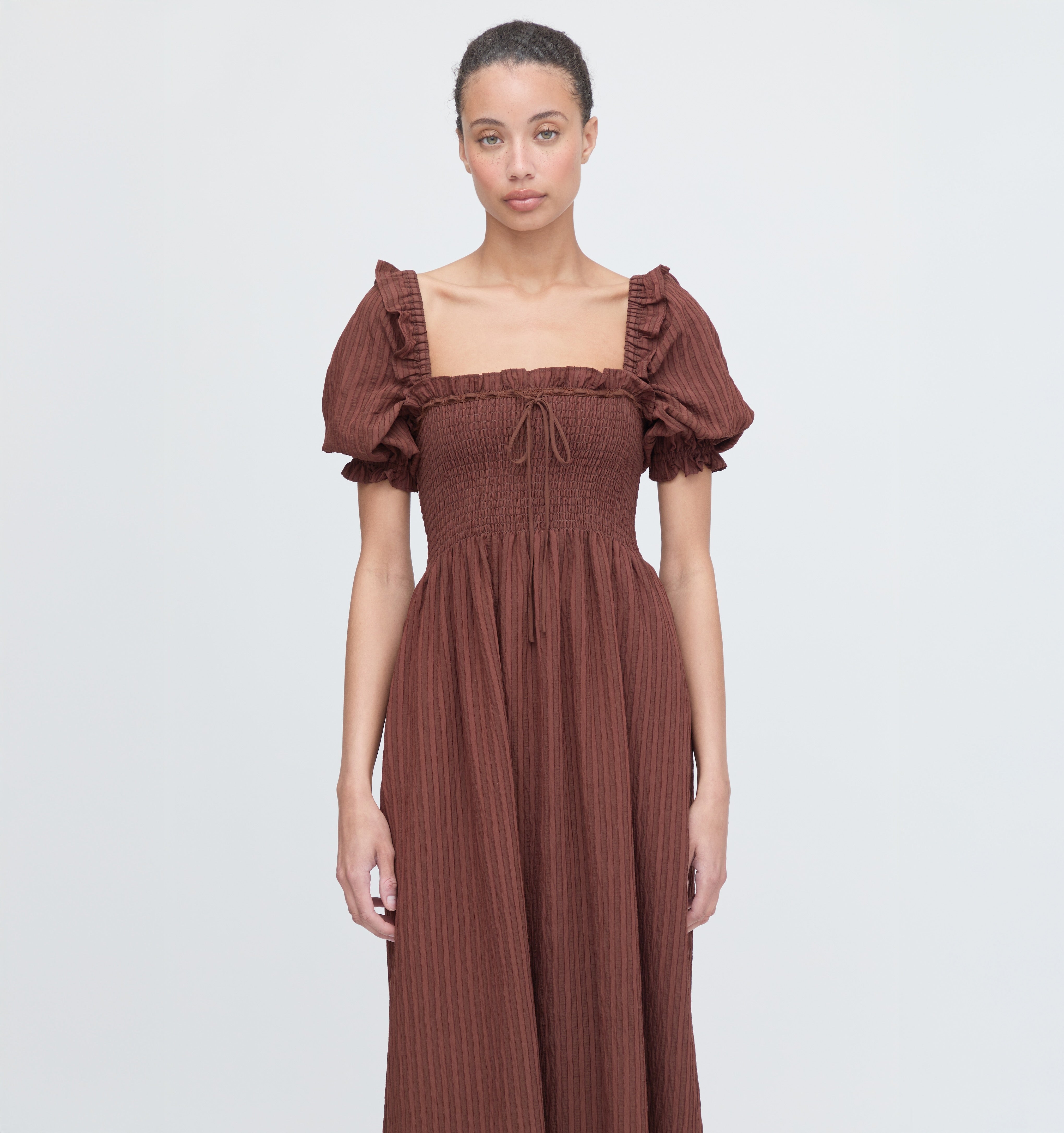 The Scarlett Nap Dress - Chocolate Tonal Seersucker