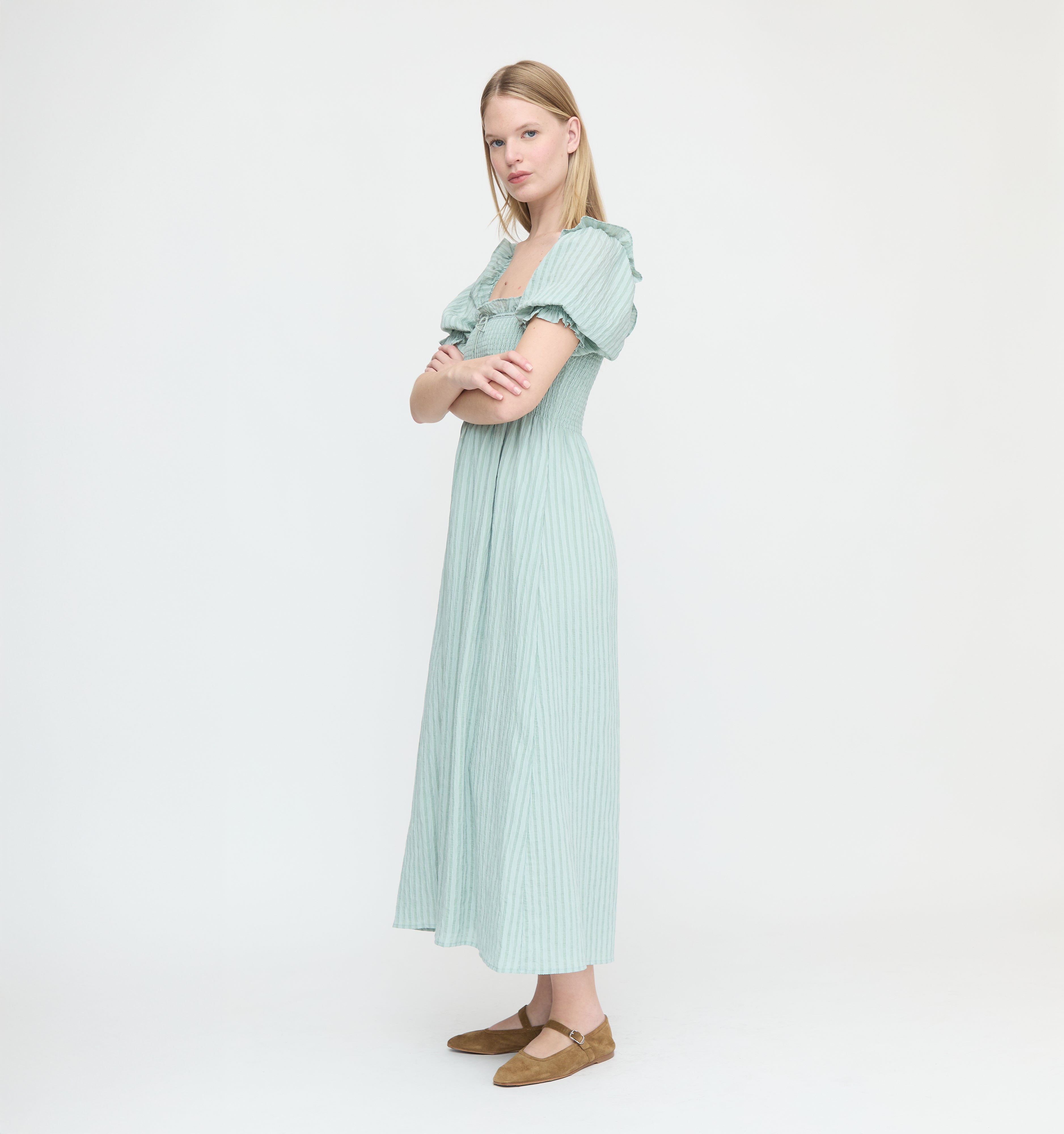 The Scarlett Nap Dress - Sage Green Tonal Seersucker