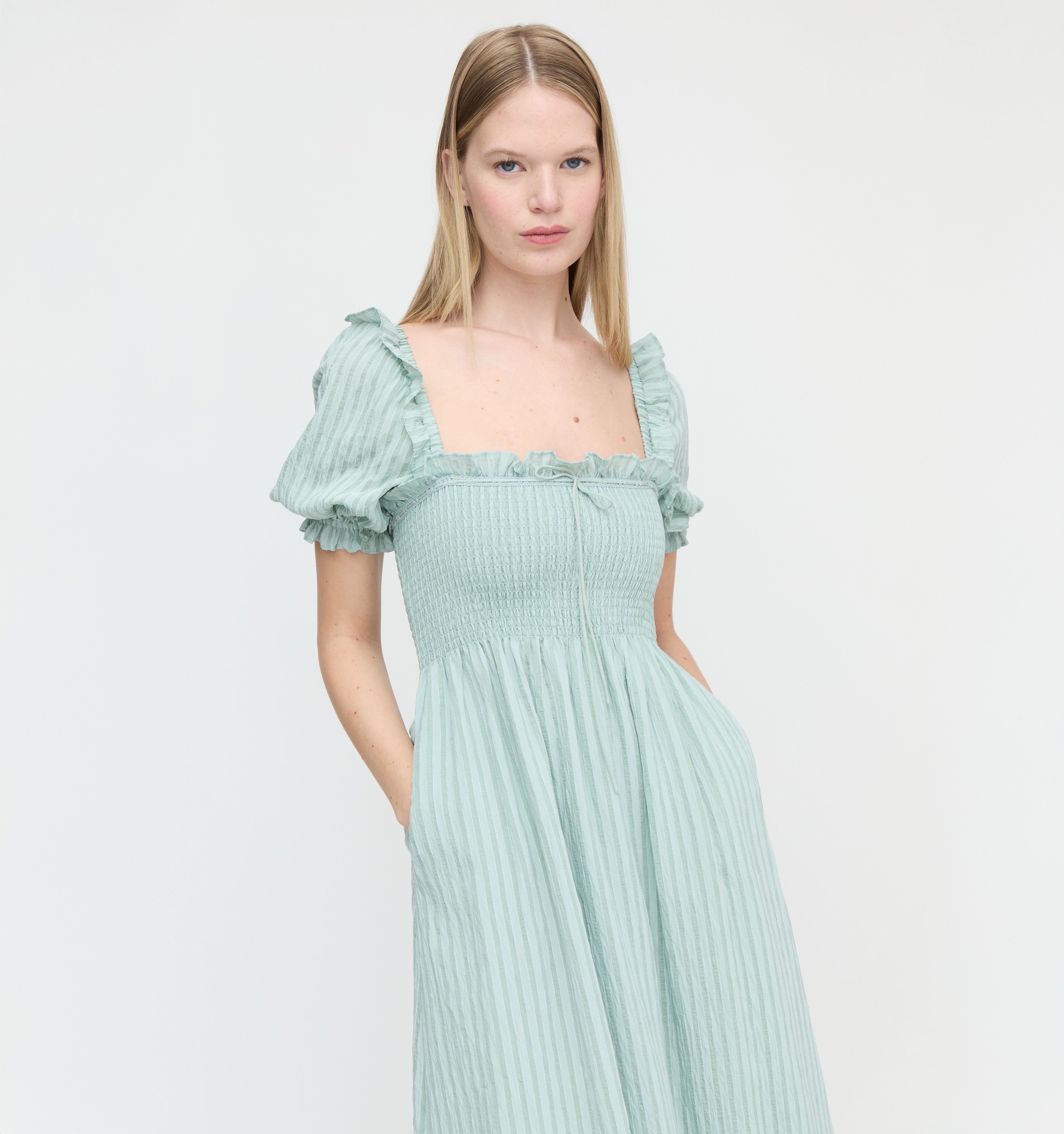 The Scarlett Nap Dress - Sage Green Tonal Seersucker