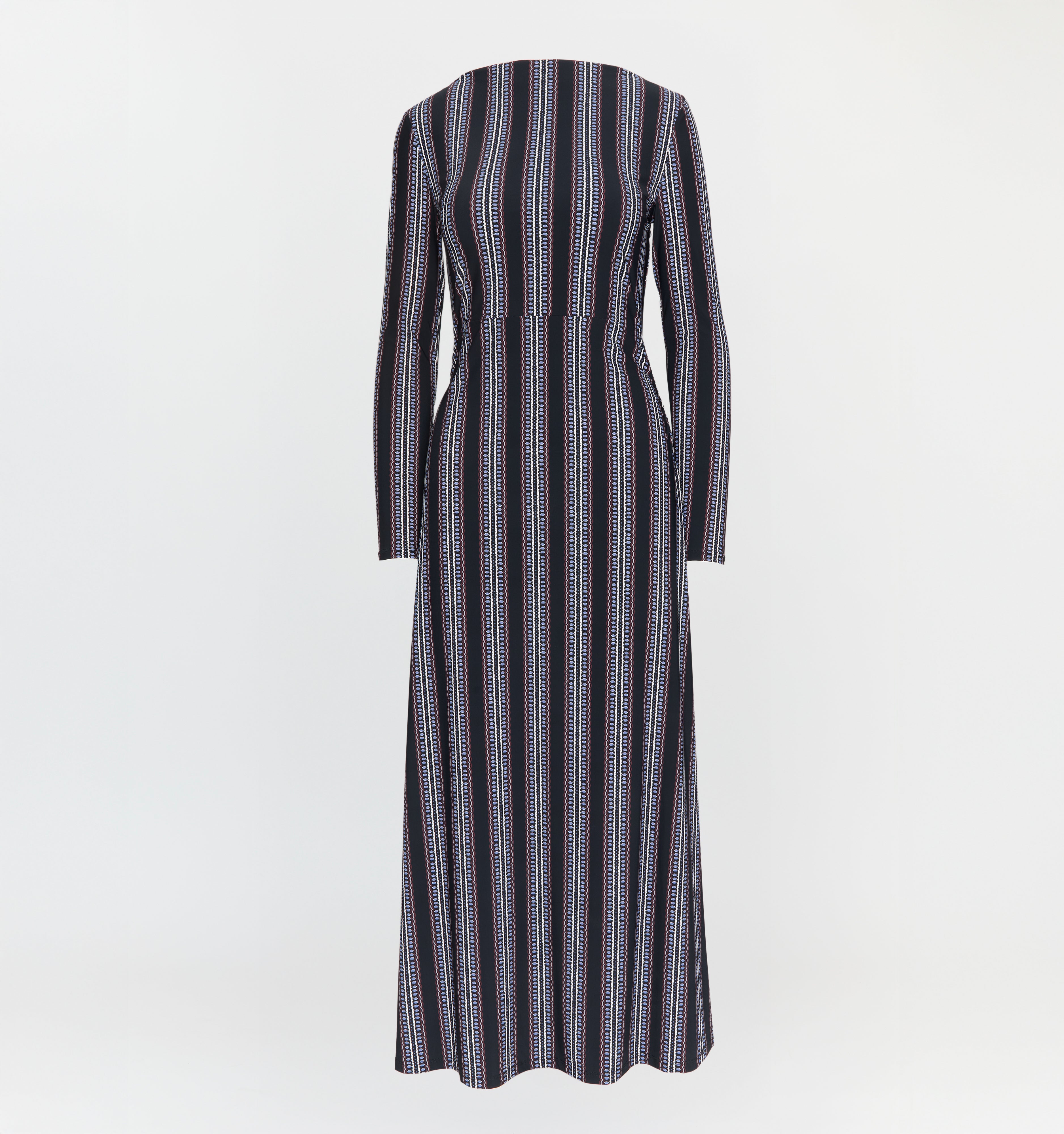 The Selene Dress in Black Cobalt Medallion Stripe color: Black Cobalt Medallion Stripe 