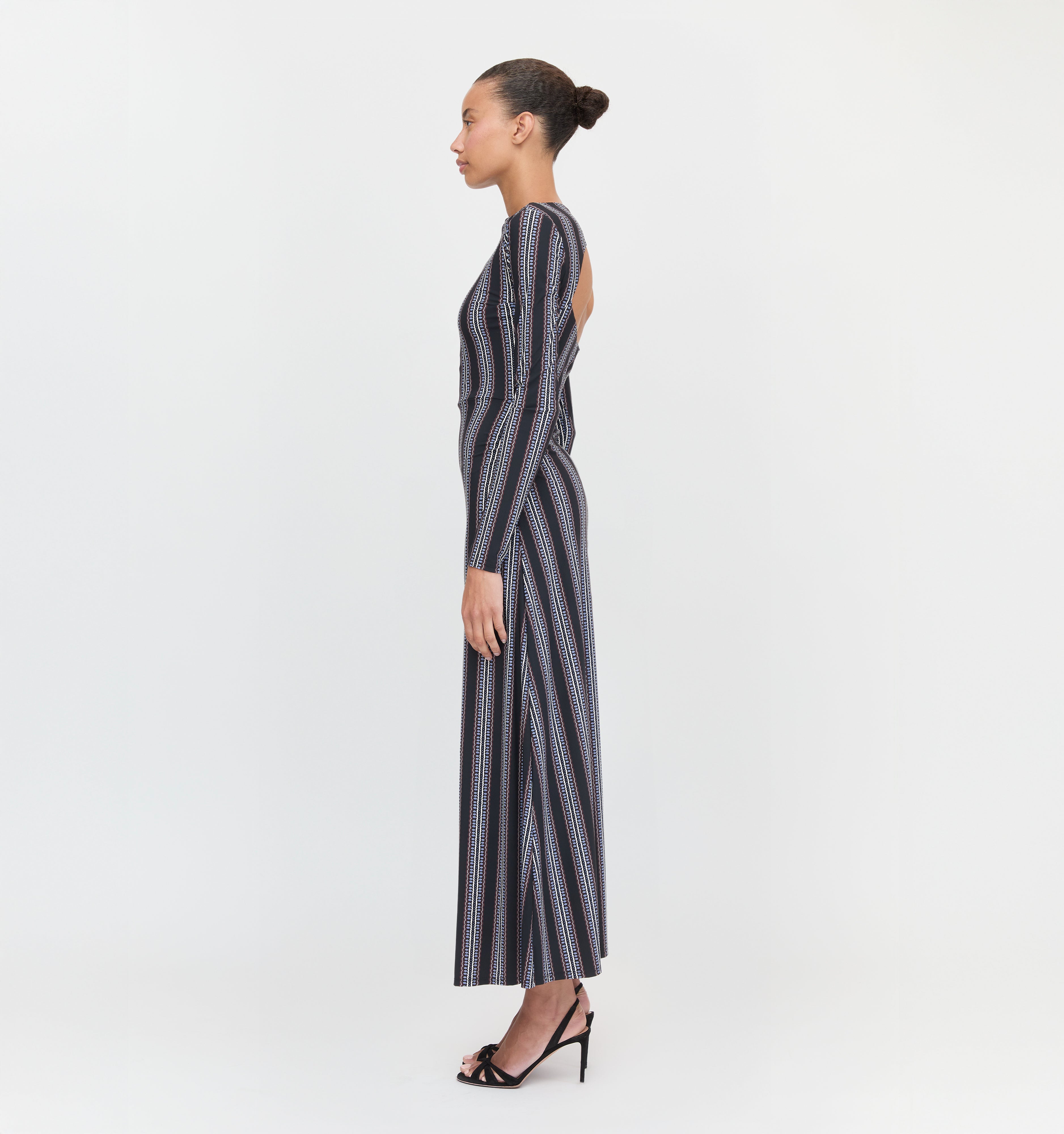 The Selene Dress in Black Cobalt Medallion Stripe color: Black Cobalt Medallion Stripe 
