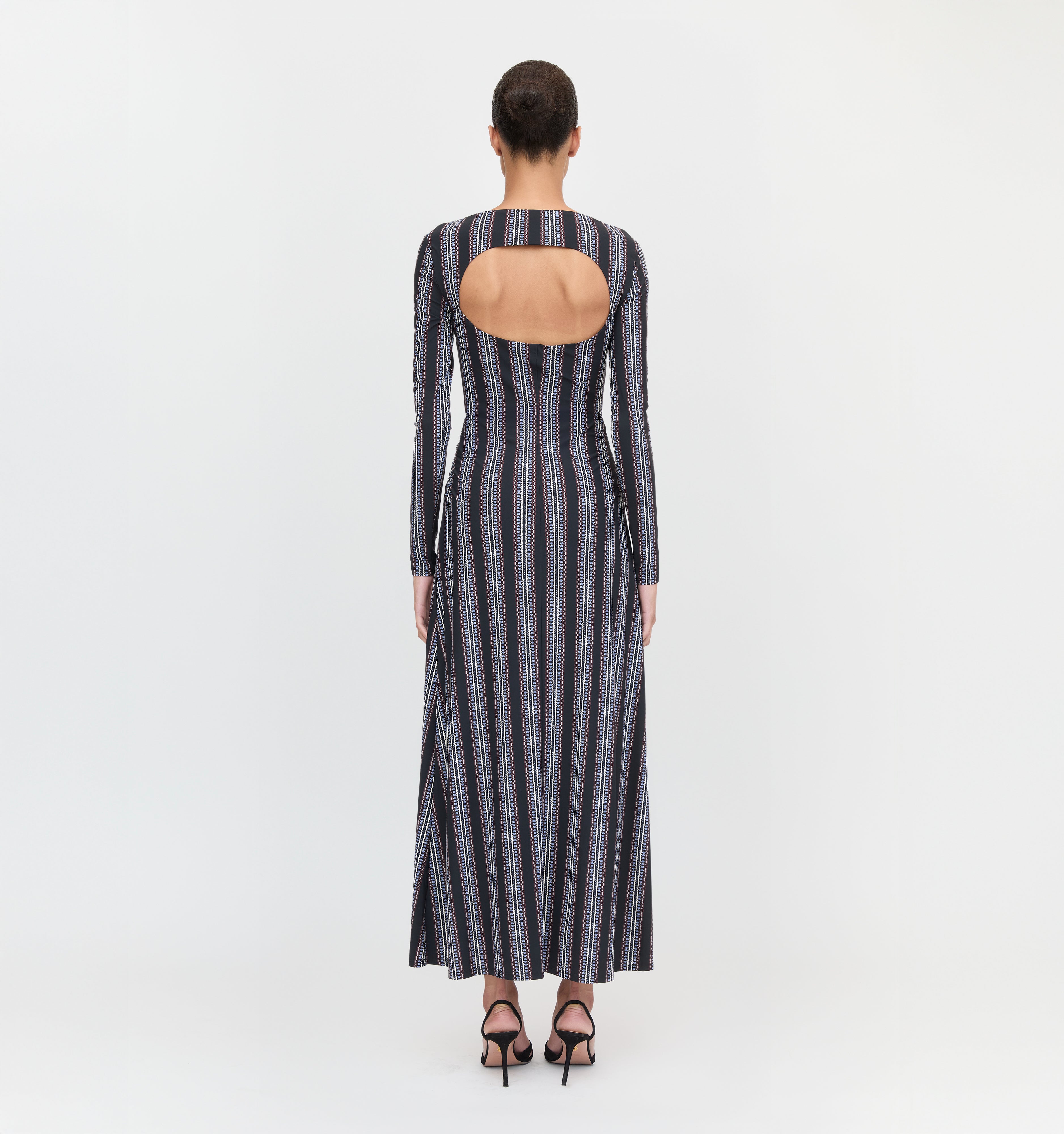 The Selene Dress in Black Cobalt Medallion Stripe color: Black Cobalt Medallion Stripe 