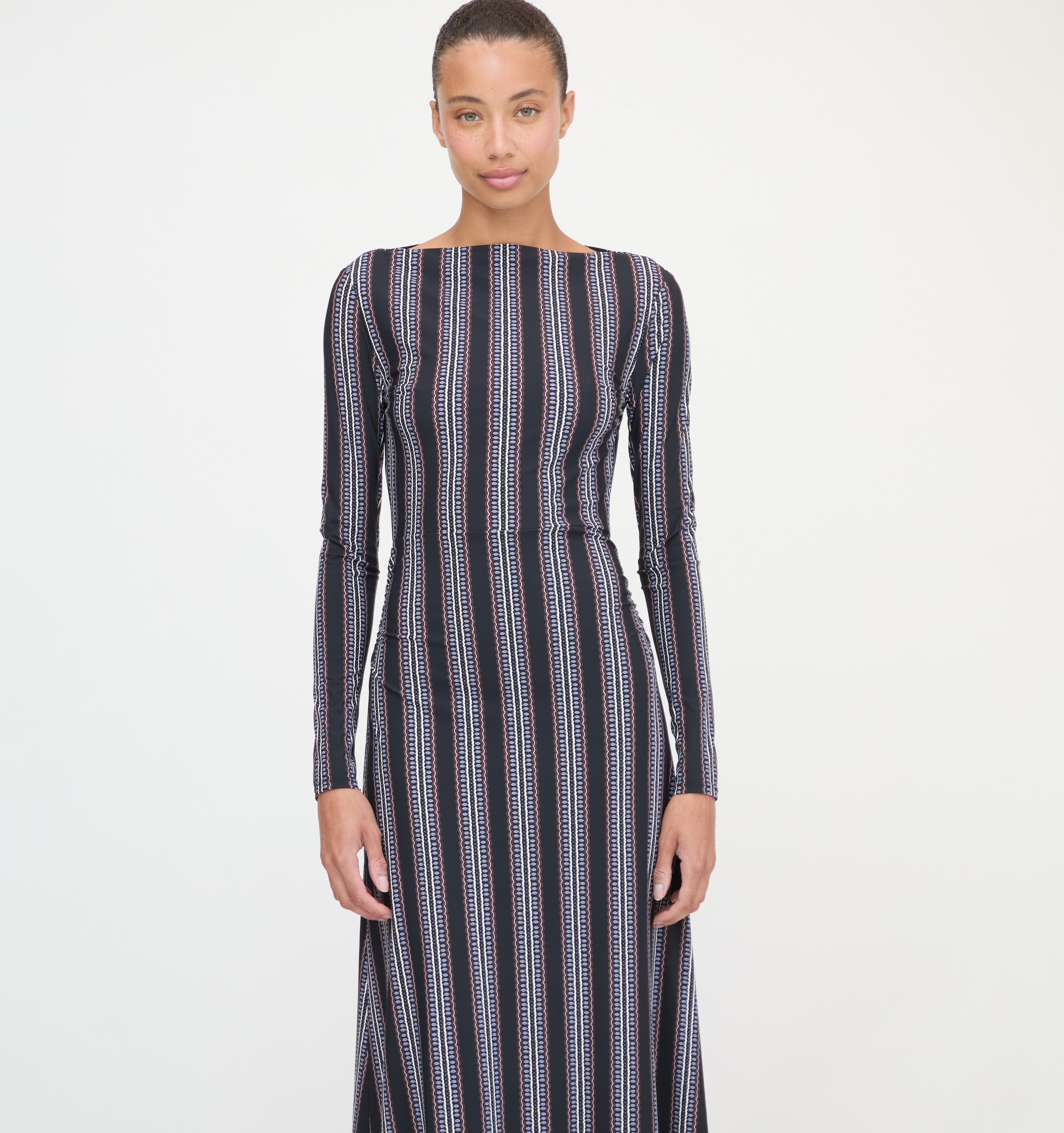 The Selene Dress in Black Cobalt Medallion Stripe color: Black Cobalt Medallion Stripe 