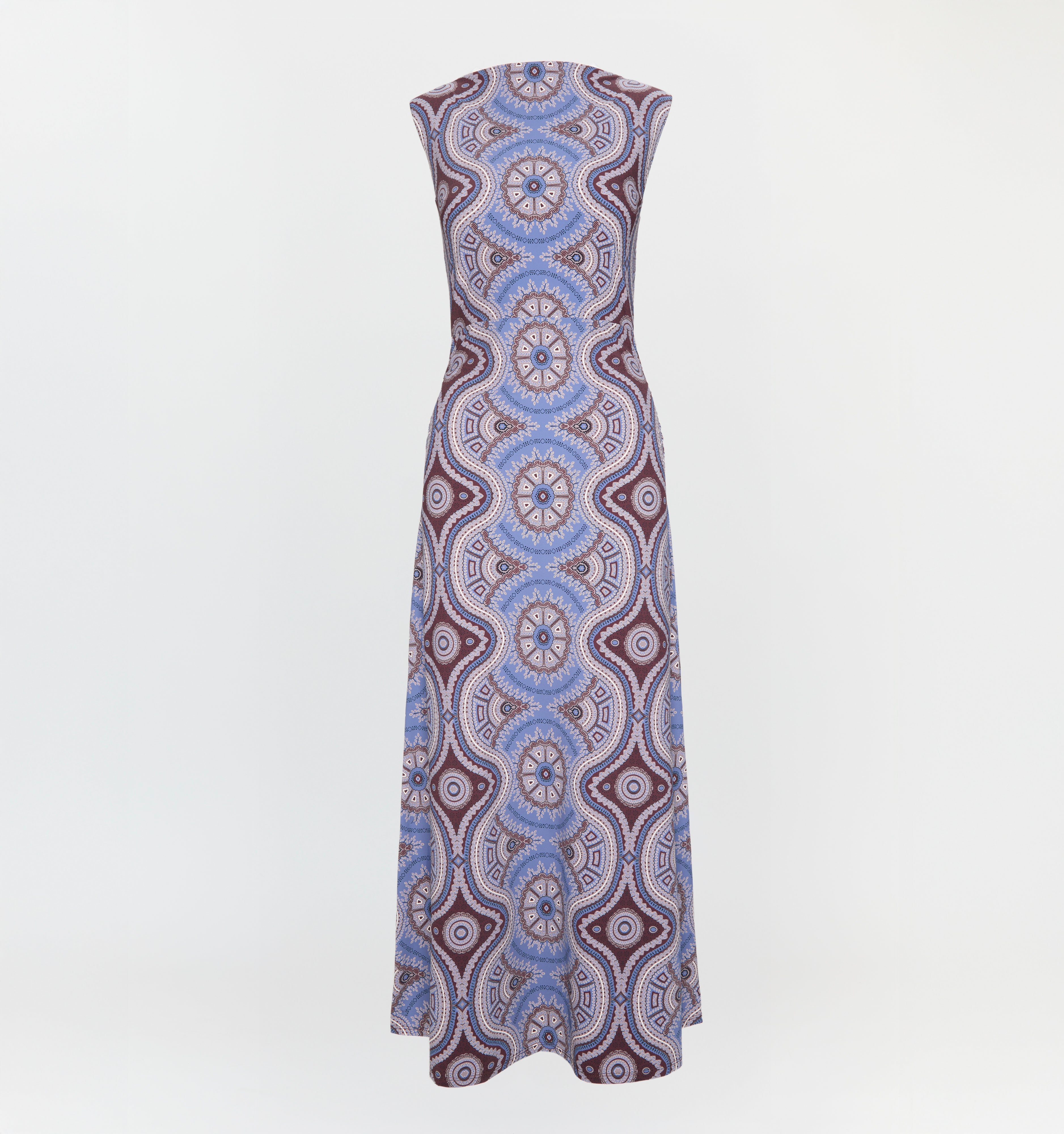 The Sloane Dress in Brown Cobalt Medallion color: Brown Cobalt Medallion