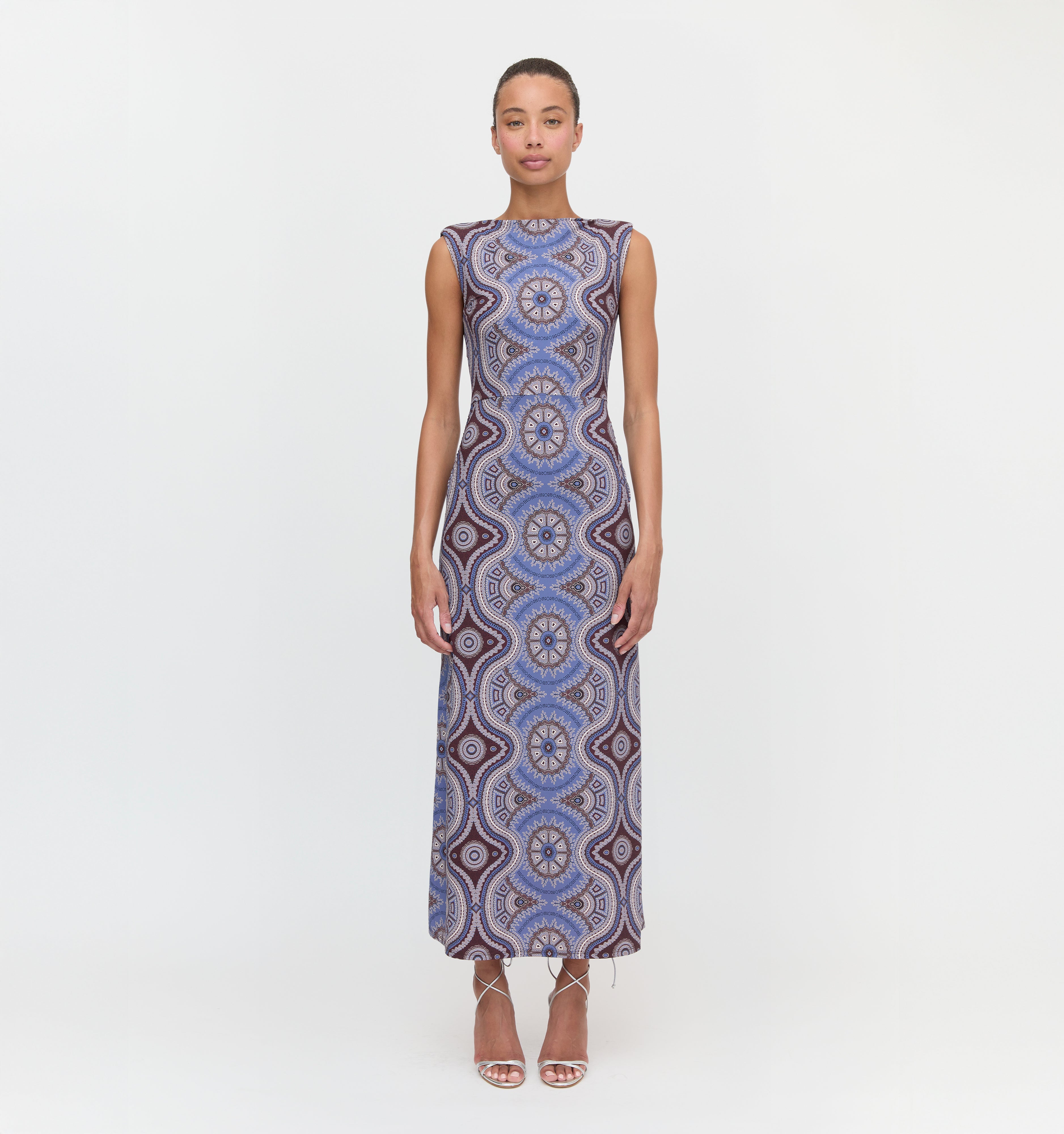 The Sloane Dress in Brown Cobalt Medallion color: Brown Cobalt Medallion