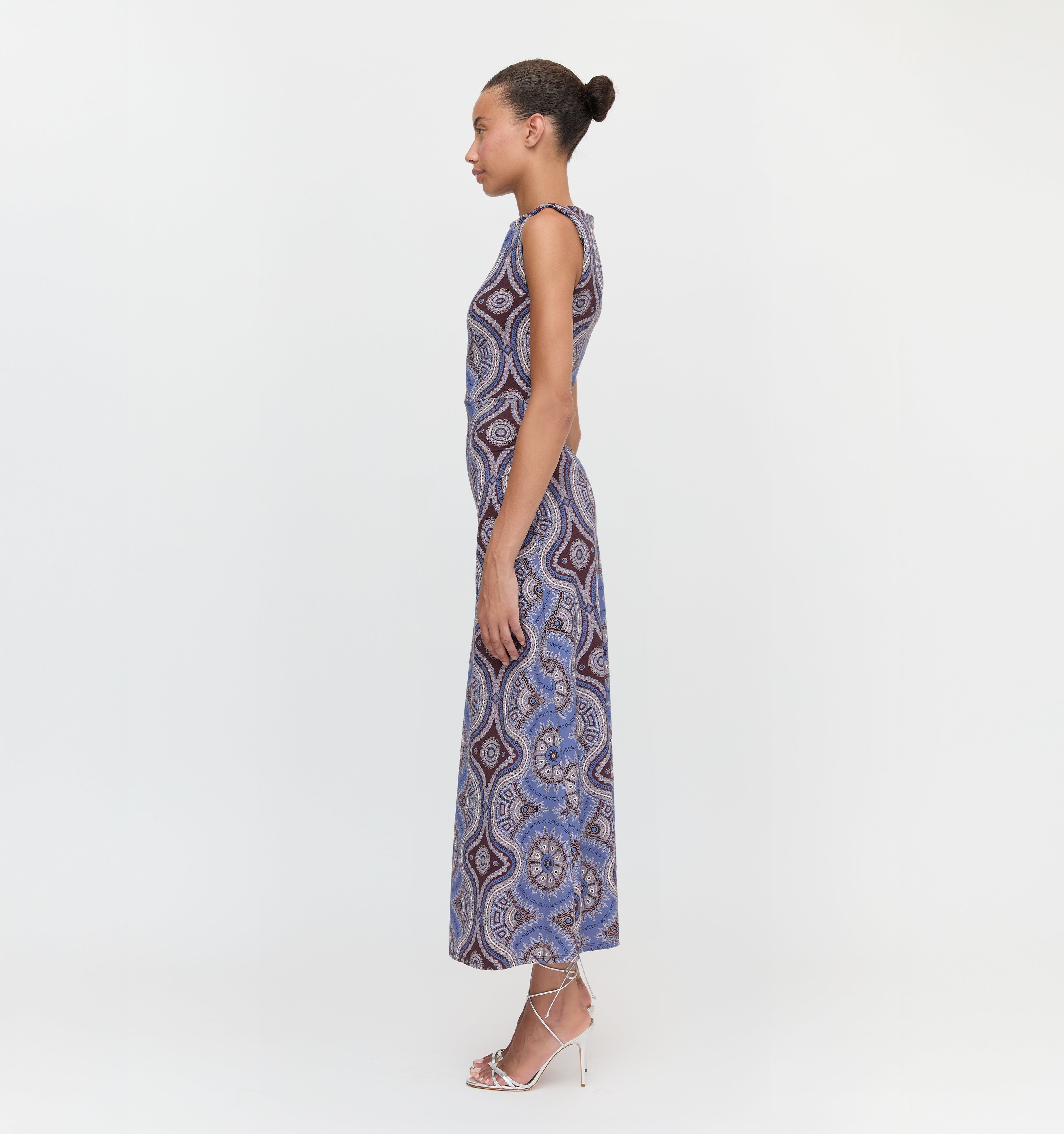 The Sloane Dress in Brown Cobalt Medallion color: Brown Cobalt Medallion