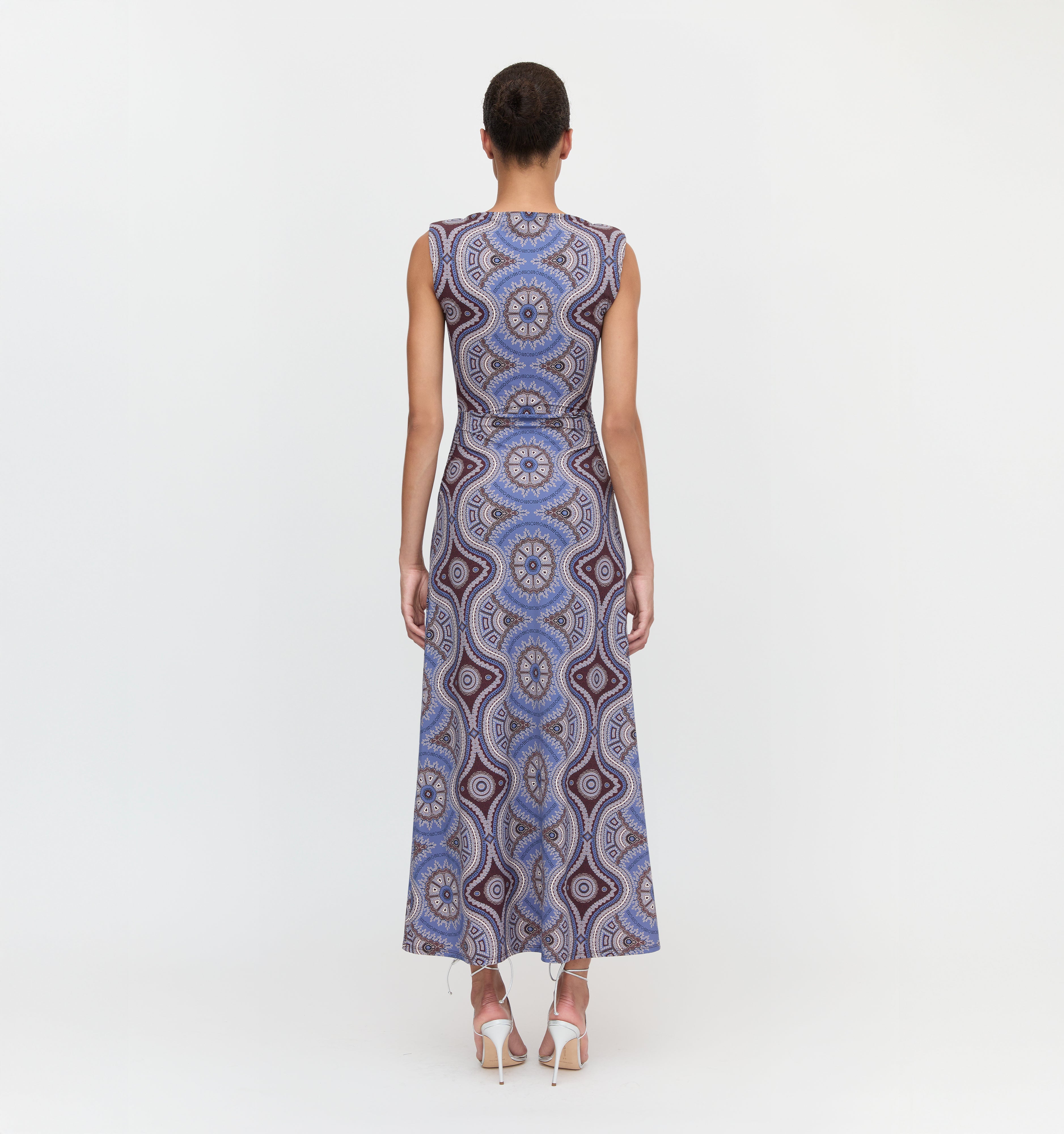 The Sloane Dress in Brown Cobalt Medallion color: Brown Cobalt Medallion