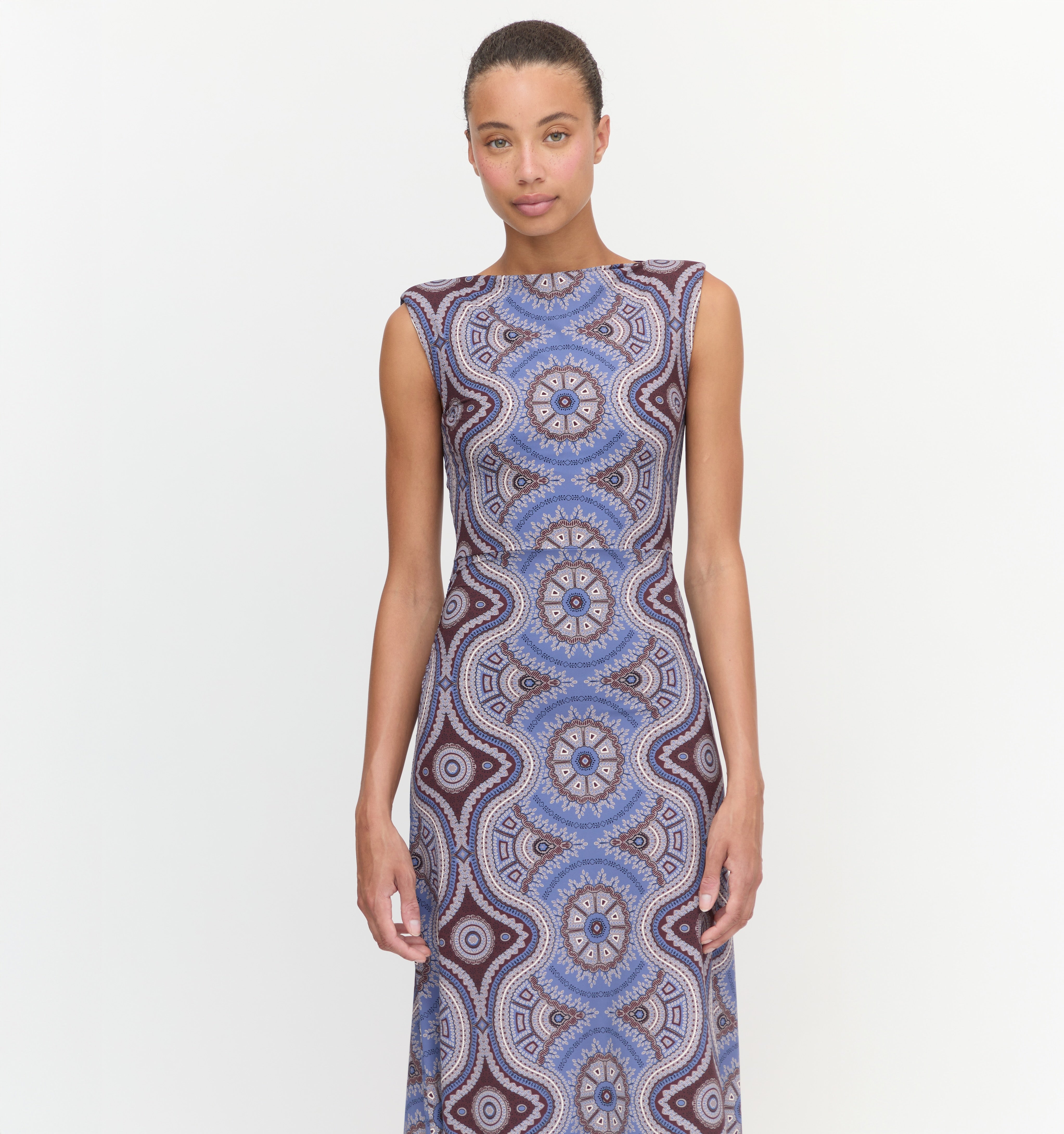 The Sloane Dress in Brown Cobalt Medallion color: Brown Cobalt Medallion