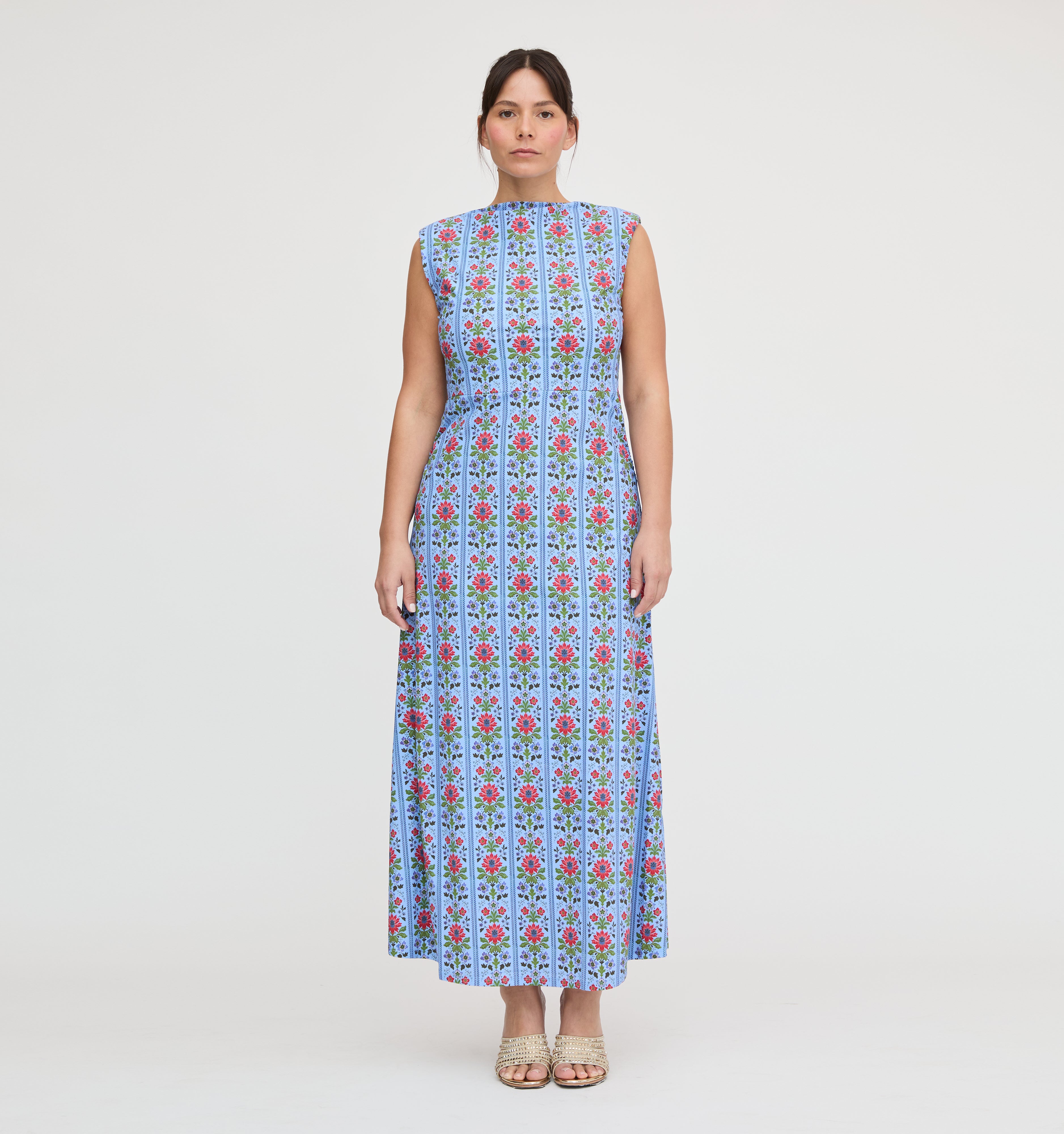The Sloane Dress - Blue Floral Block Stripe Jersey