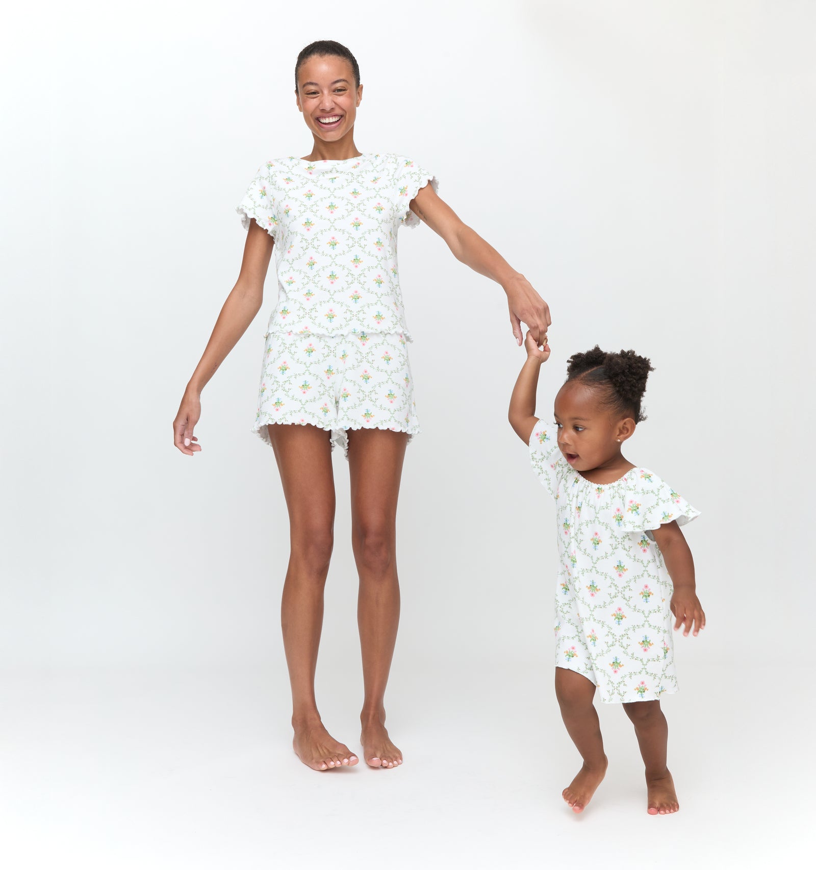 The Nina Pajama Set and Tiny Keira Dress in Pastel Trellis color: Pastel Trellis