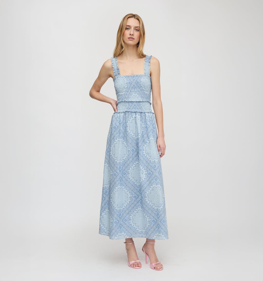 blue paisley maxi dress Hill House Home Women's The Azalea Nap - Dusty Scarf One Shoulder Lace Insert catching maxi dress to Color:Ginger Coral long sleeve empire waist dress