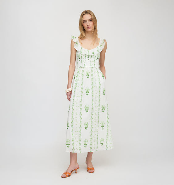 The Cambria Nap Dress - White/Green Arcadia Border – Hill House Home