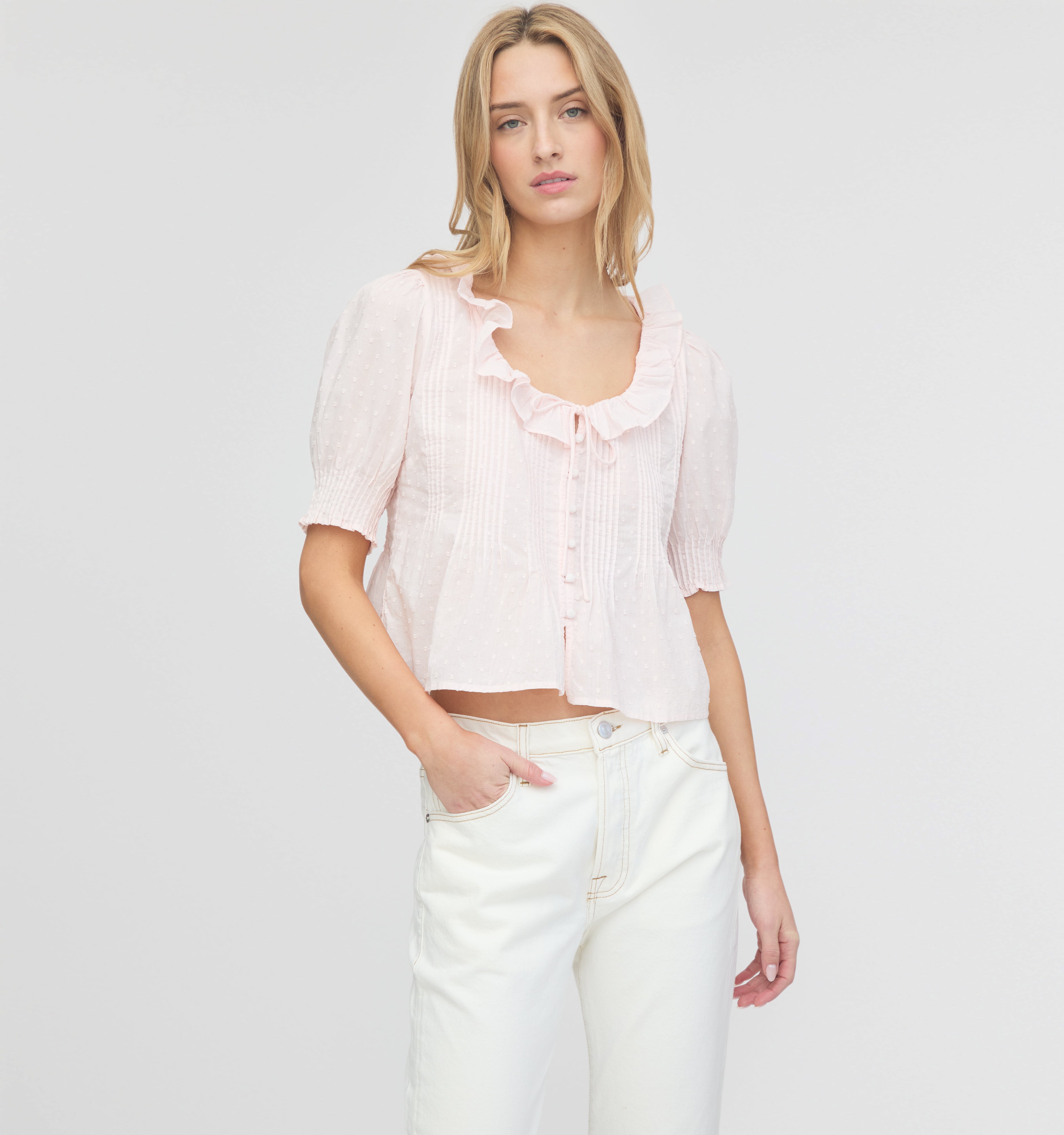 The Camri Top - Powder Pink Swiss Dot