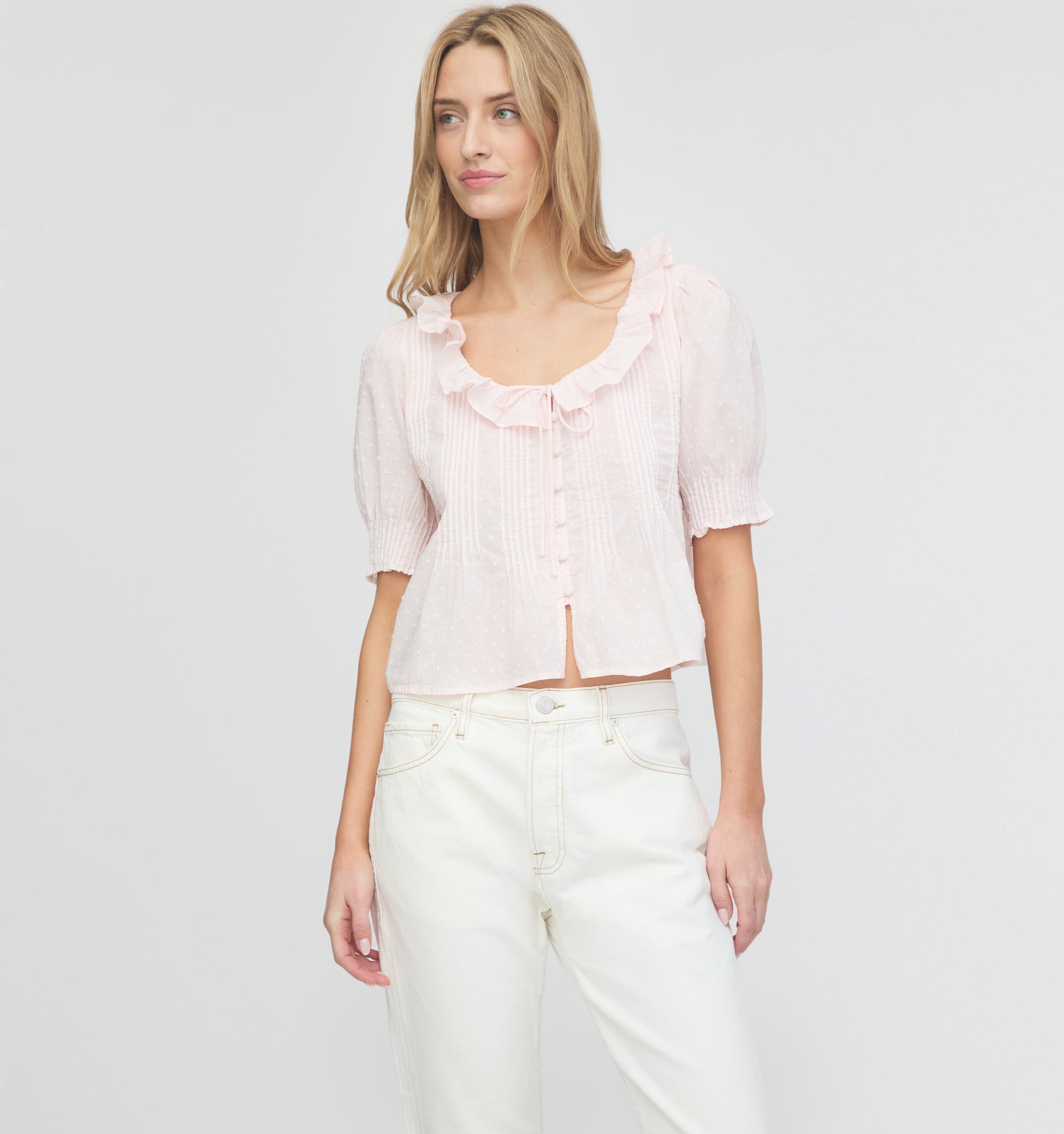 The Camri Top - Powder Pink Swiss Dot