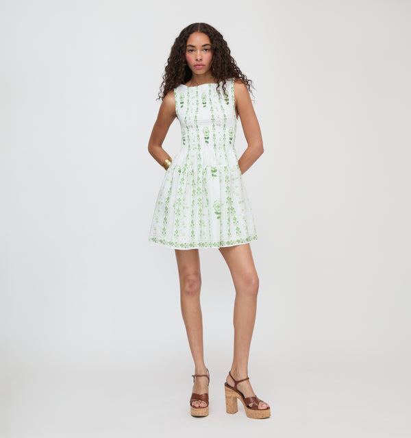 The Cosima Mini Nap Dress - White/Green Arcadia Border
