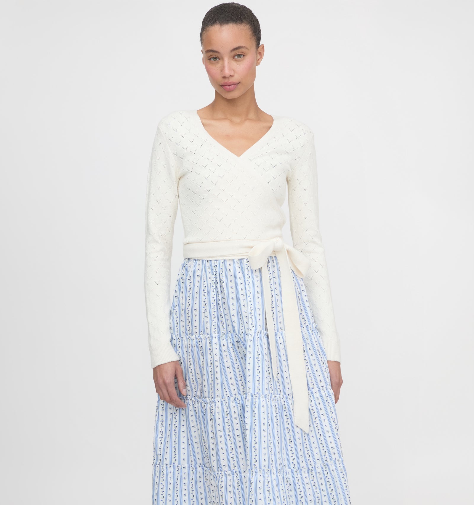 The Deirdre Wrap Sweater - Ivory Pointelle