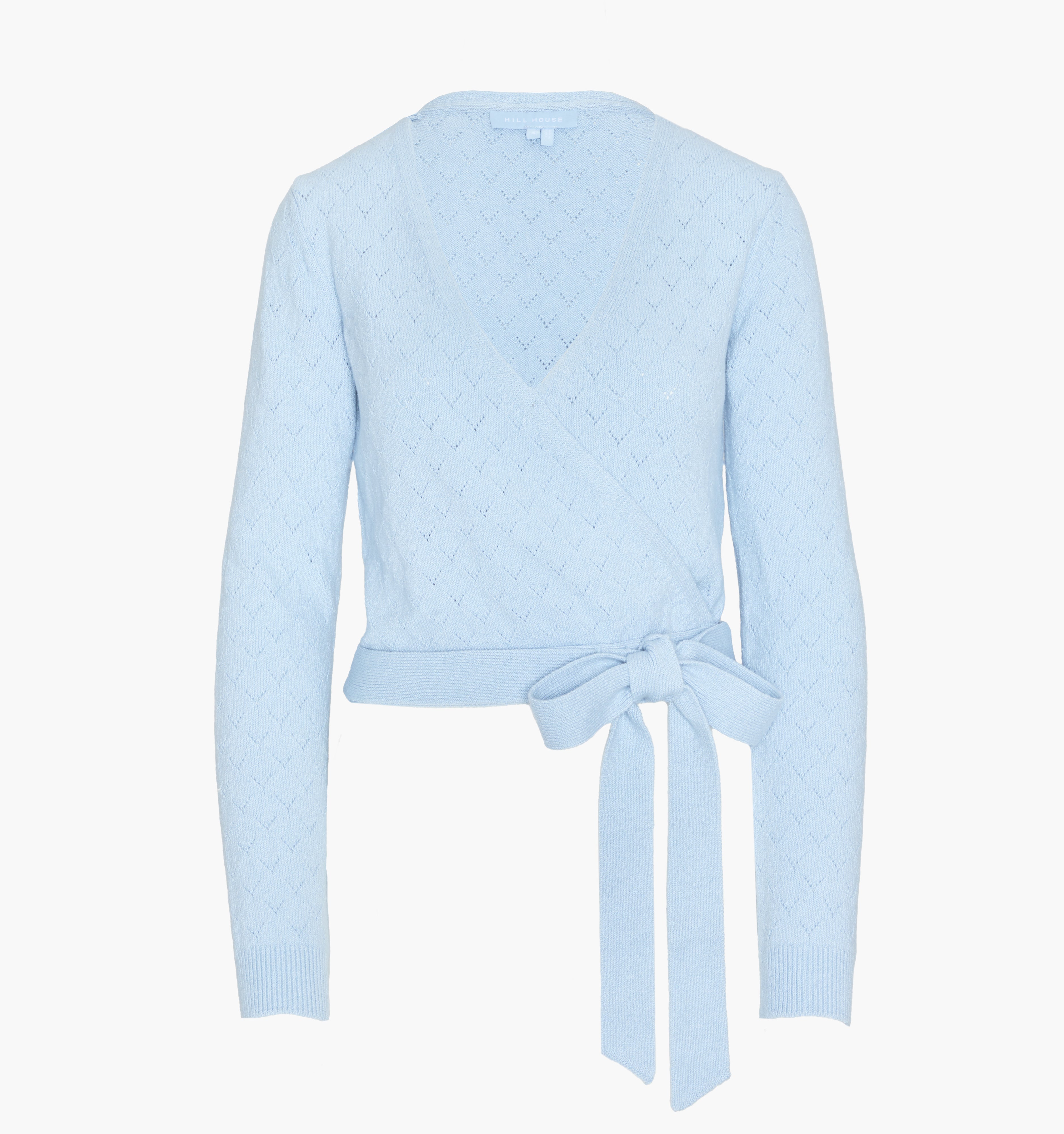 The Deirdre Wrap Sweater - Light Blue Pointelle