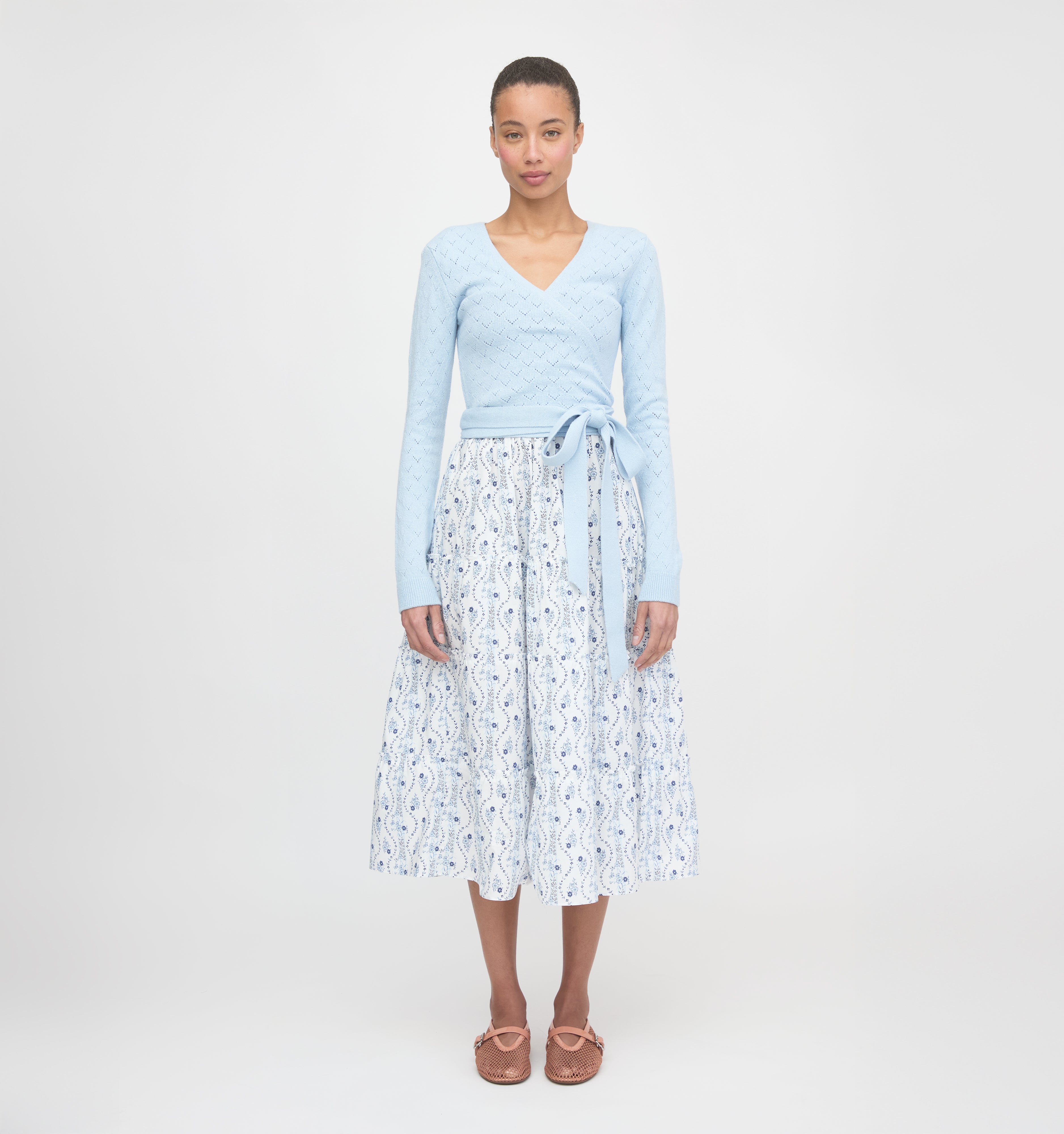 The Deirdre Wrap Sweater - Light Blue Pointelle