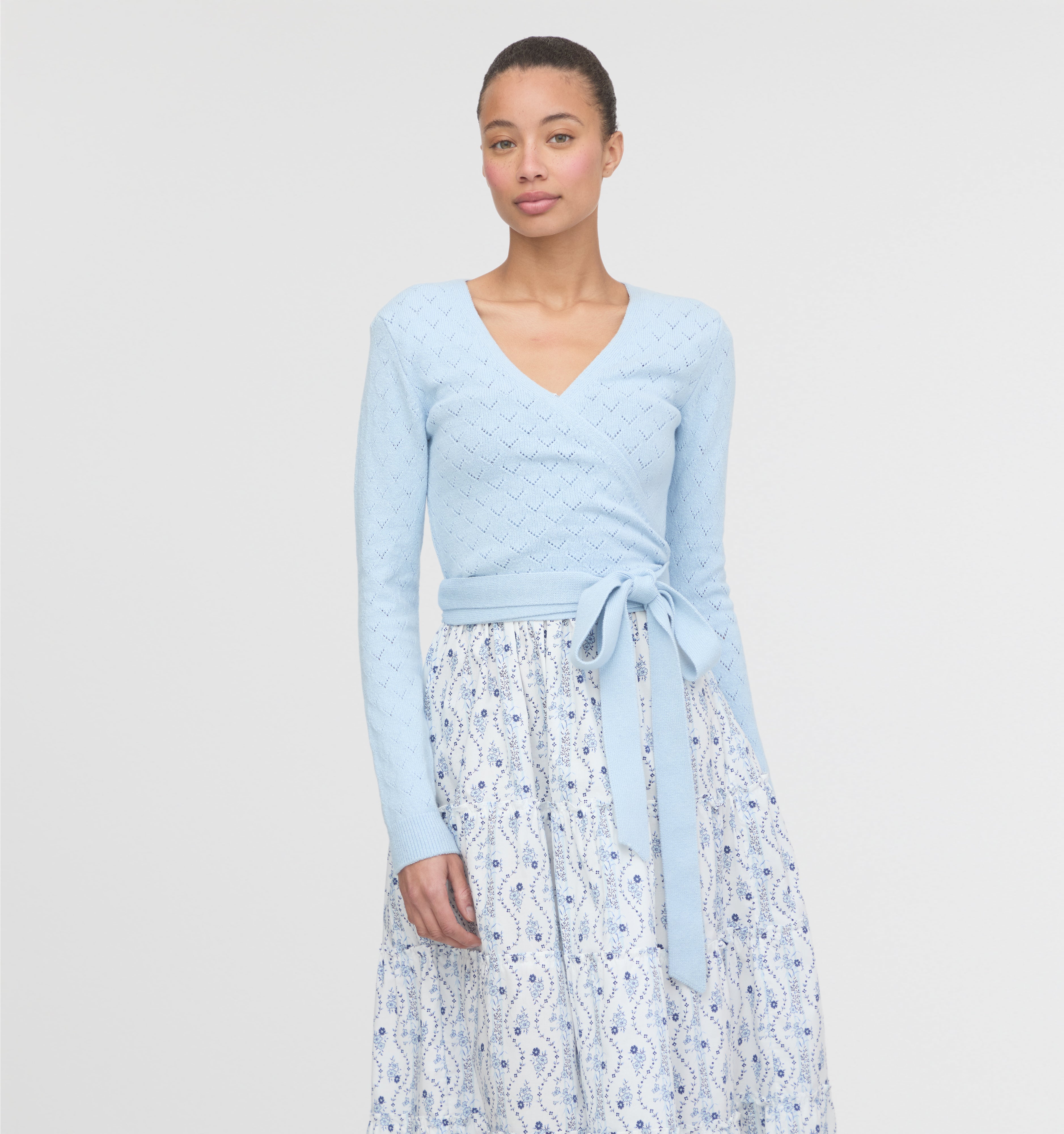 The Deirdre Wrap Sweater - Light Blue Pointelle