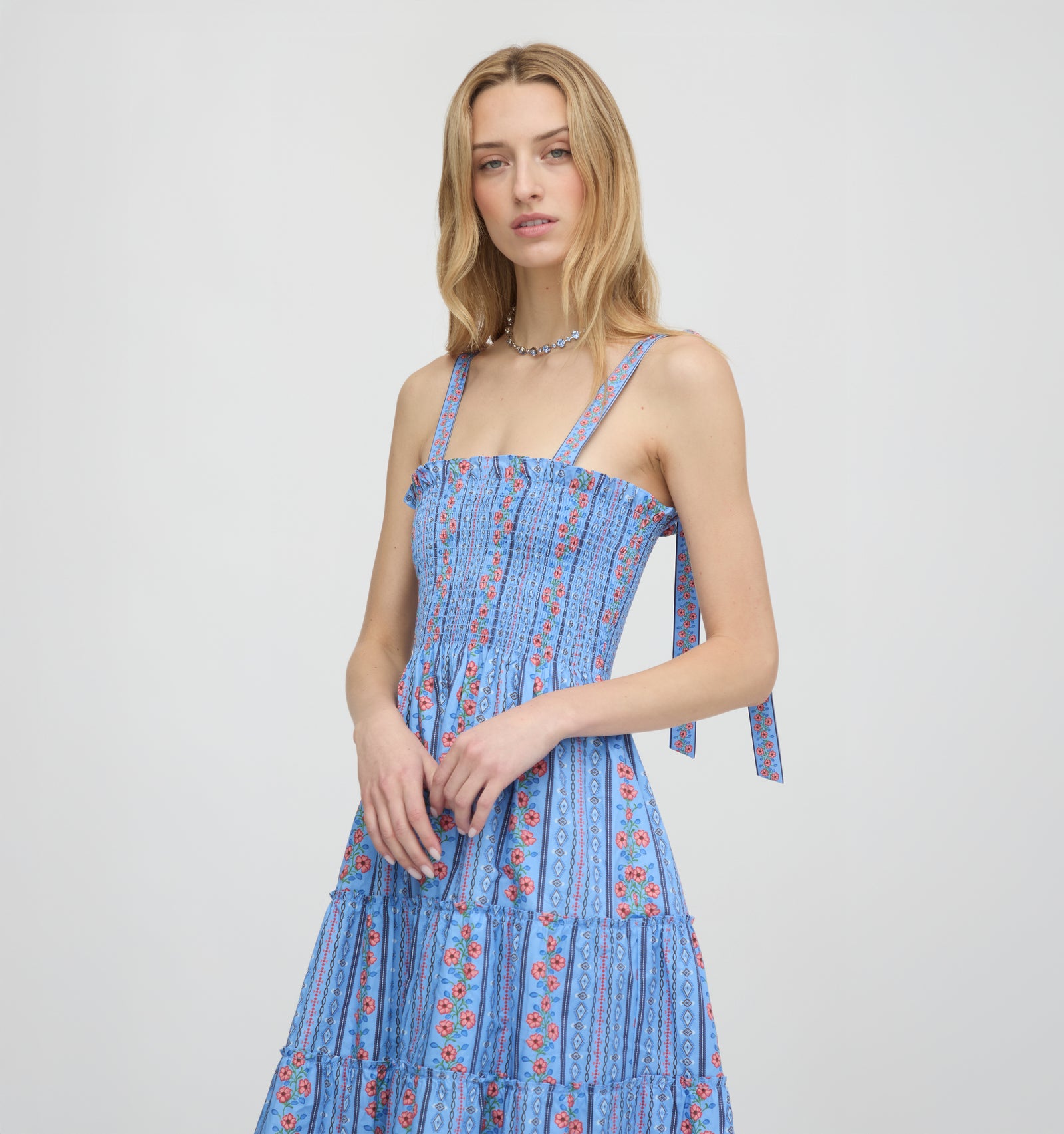 The Ribbon Ellie Nap Dress - Blue Floral Batik Stripe