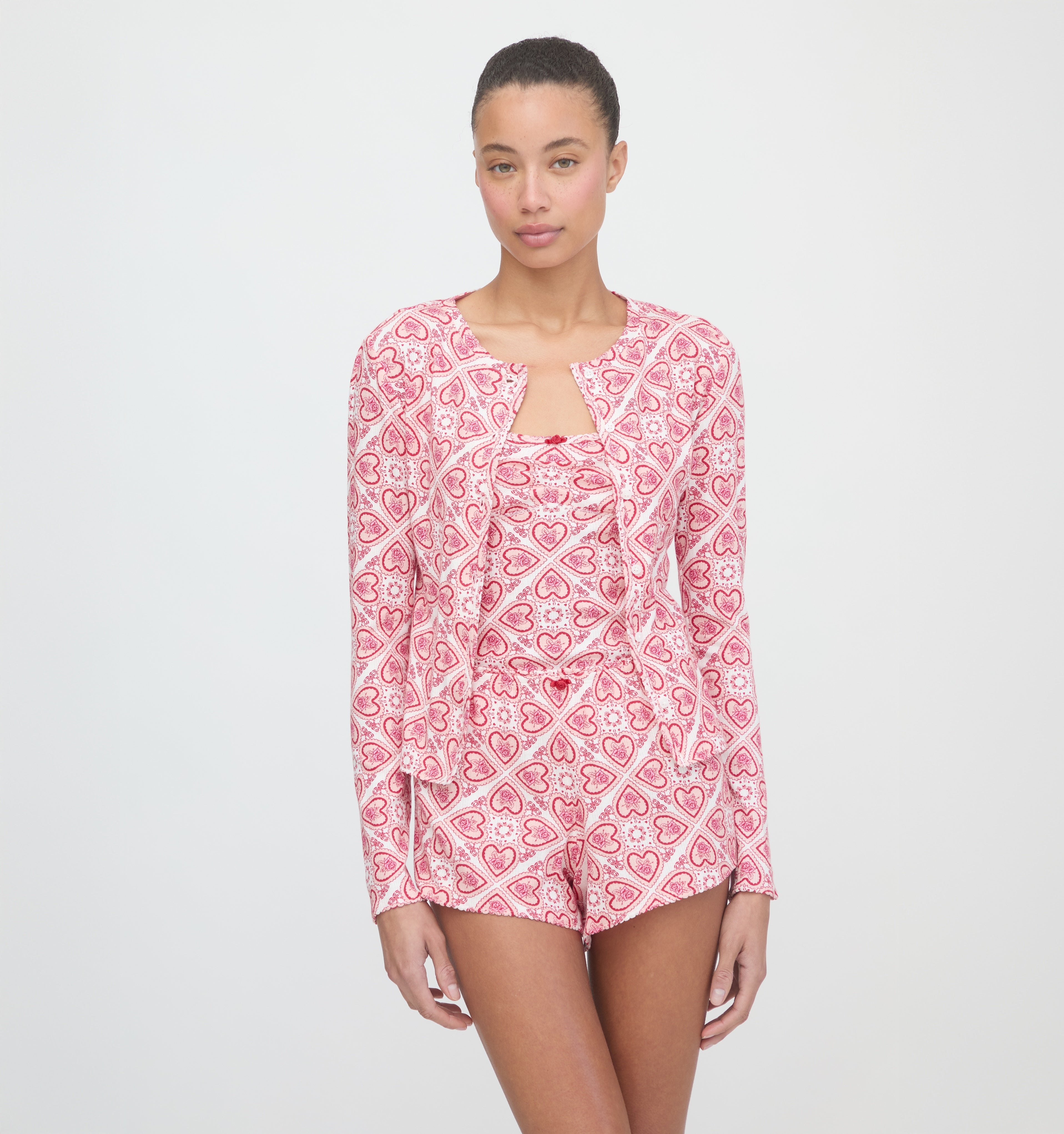 The Kaelie Pointelle Cardigan - White Patchwork Doily Heart