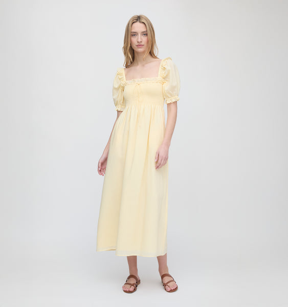 butter yellow midi dress Corset Waist Padded Strapless Poplin V-Neck, Estella Corset in Yellow, Size S, For Brunch Back zipper Butter Yellow Button-Front Midi Dress