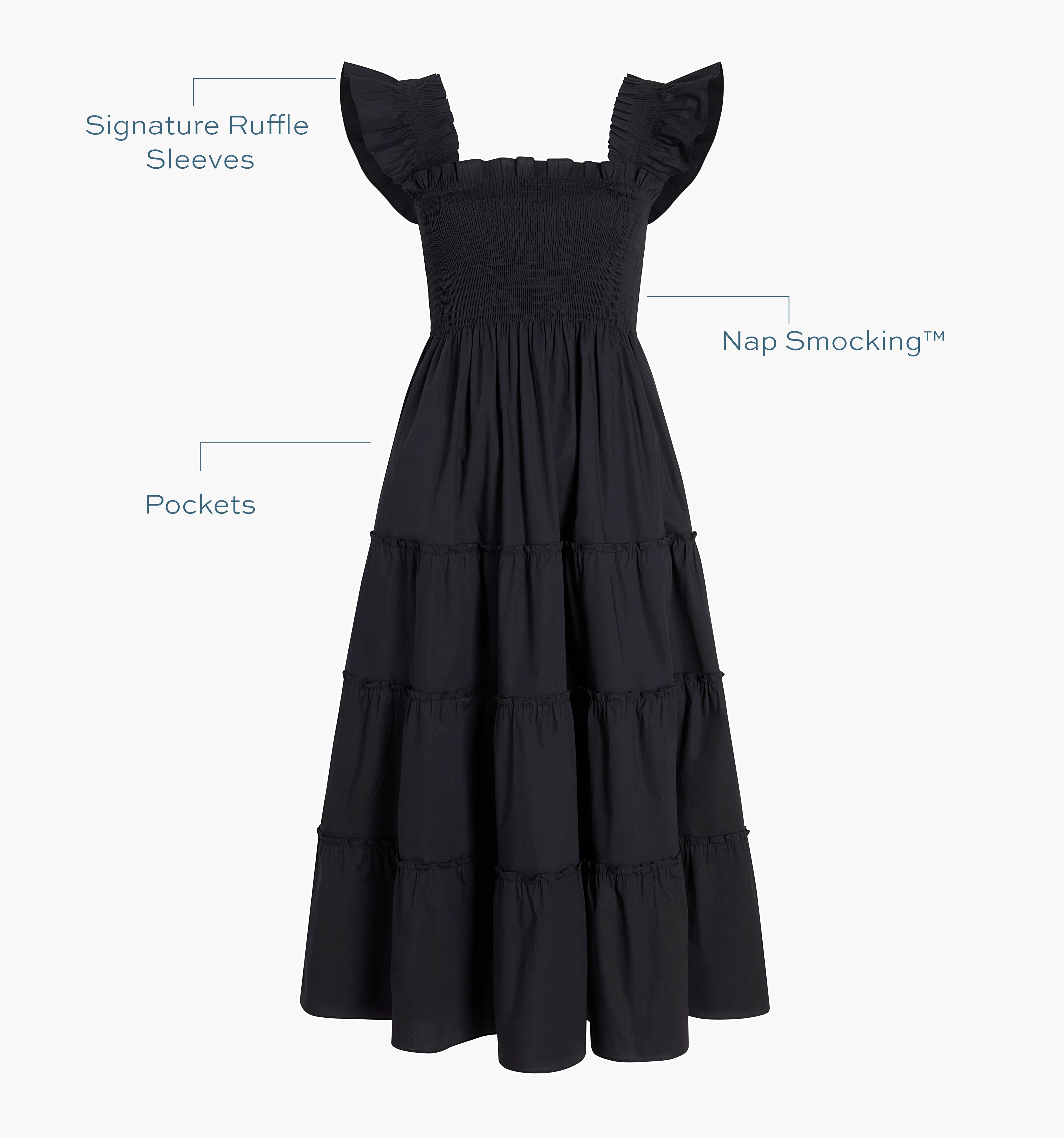 Image of a Nap Dress with text highlighting it's Signature ruffle sleeves, Nap Smocking™,  and Pockets color: Black Poplin