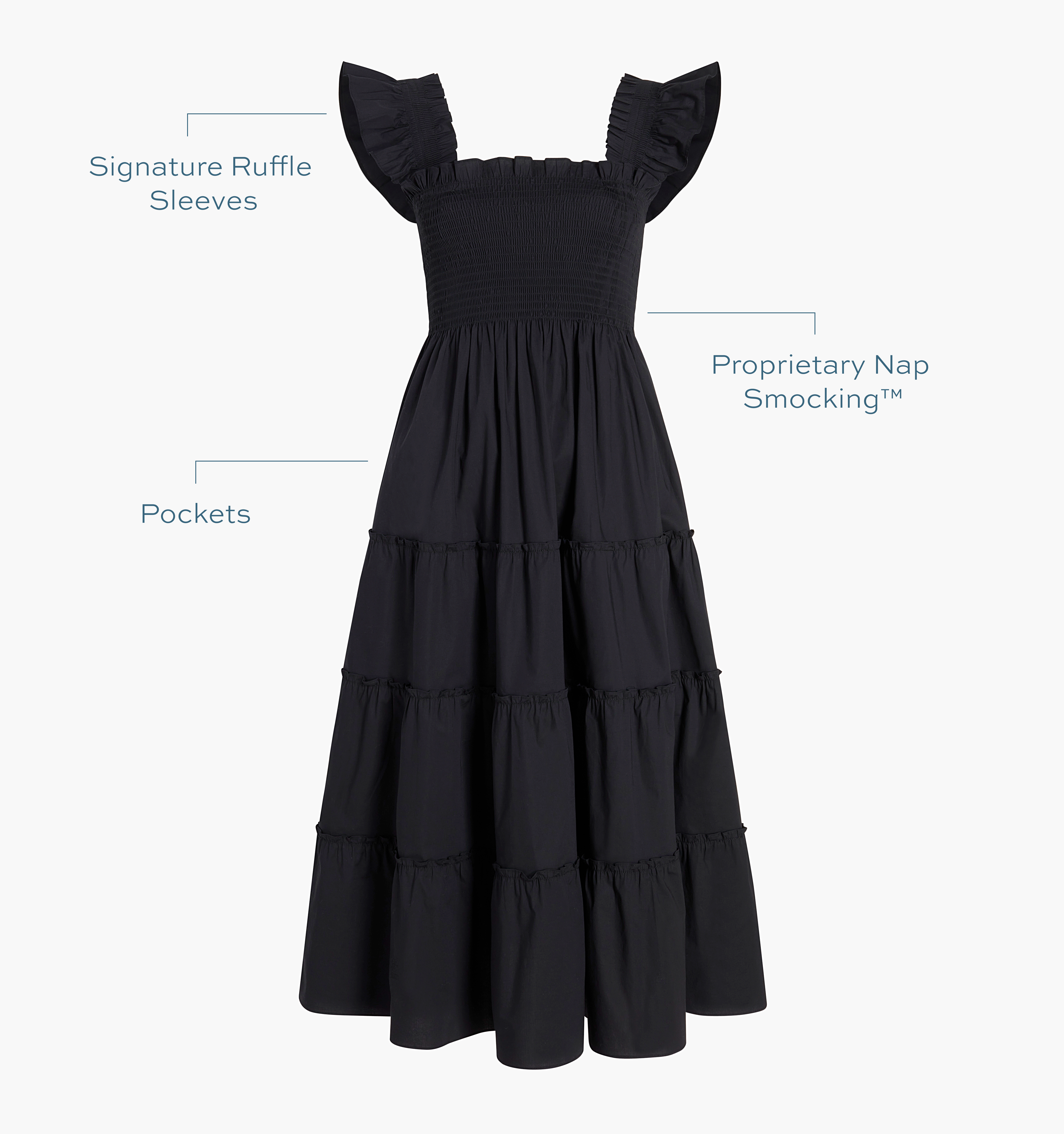 Signature ruffle sleeves, proprietary Nap Smocking™, Pockets color: black poplin