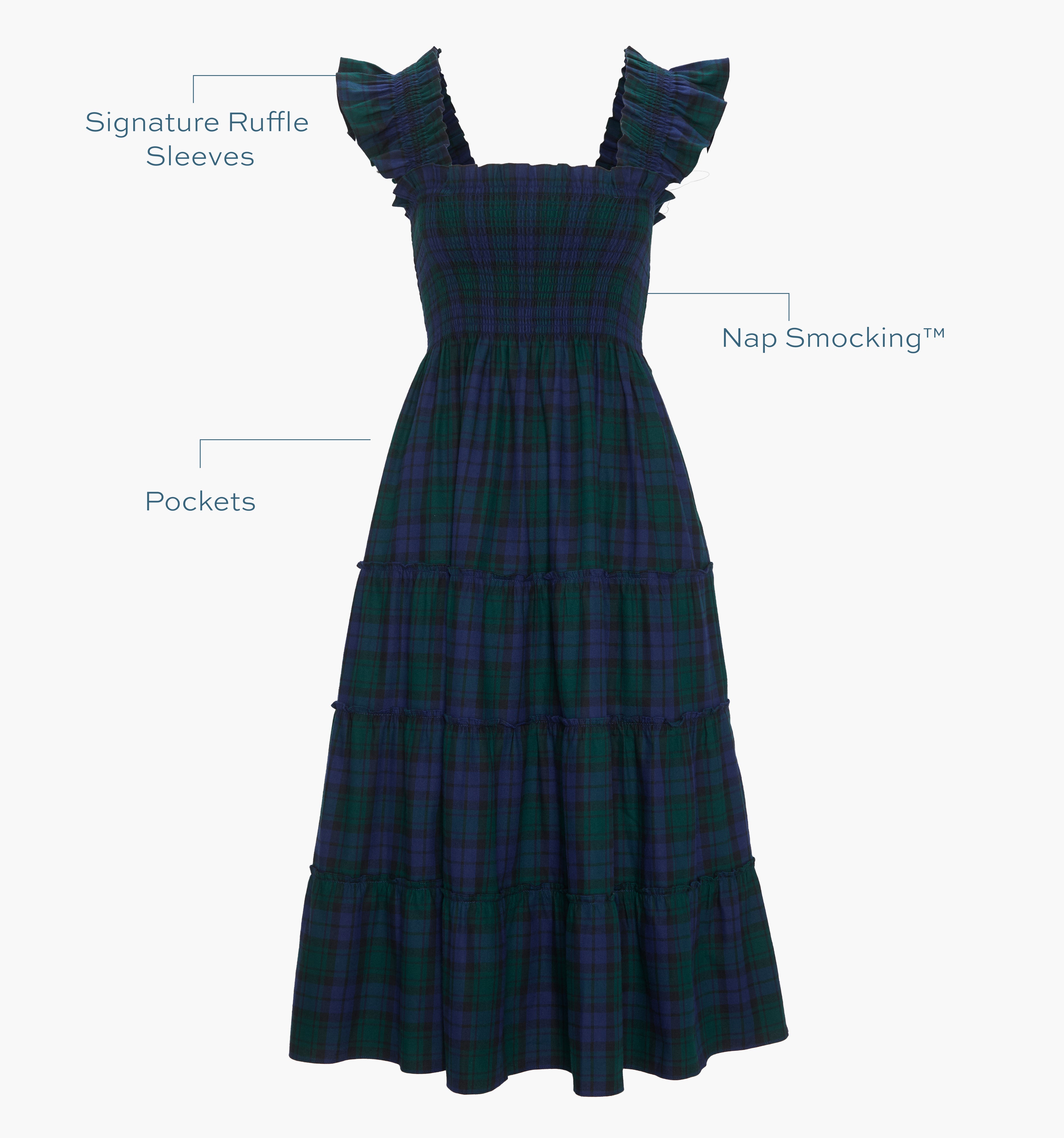 Image of a Nap Dress with text highlighting it's Signature ruffle sleeves, Nap Smocking™,  and Pockets color: Blackwatch Tartan

