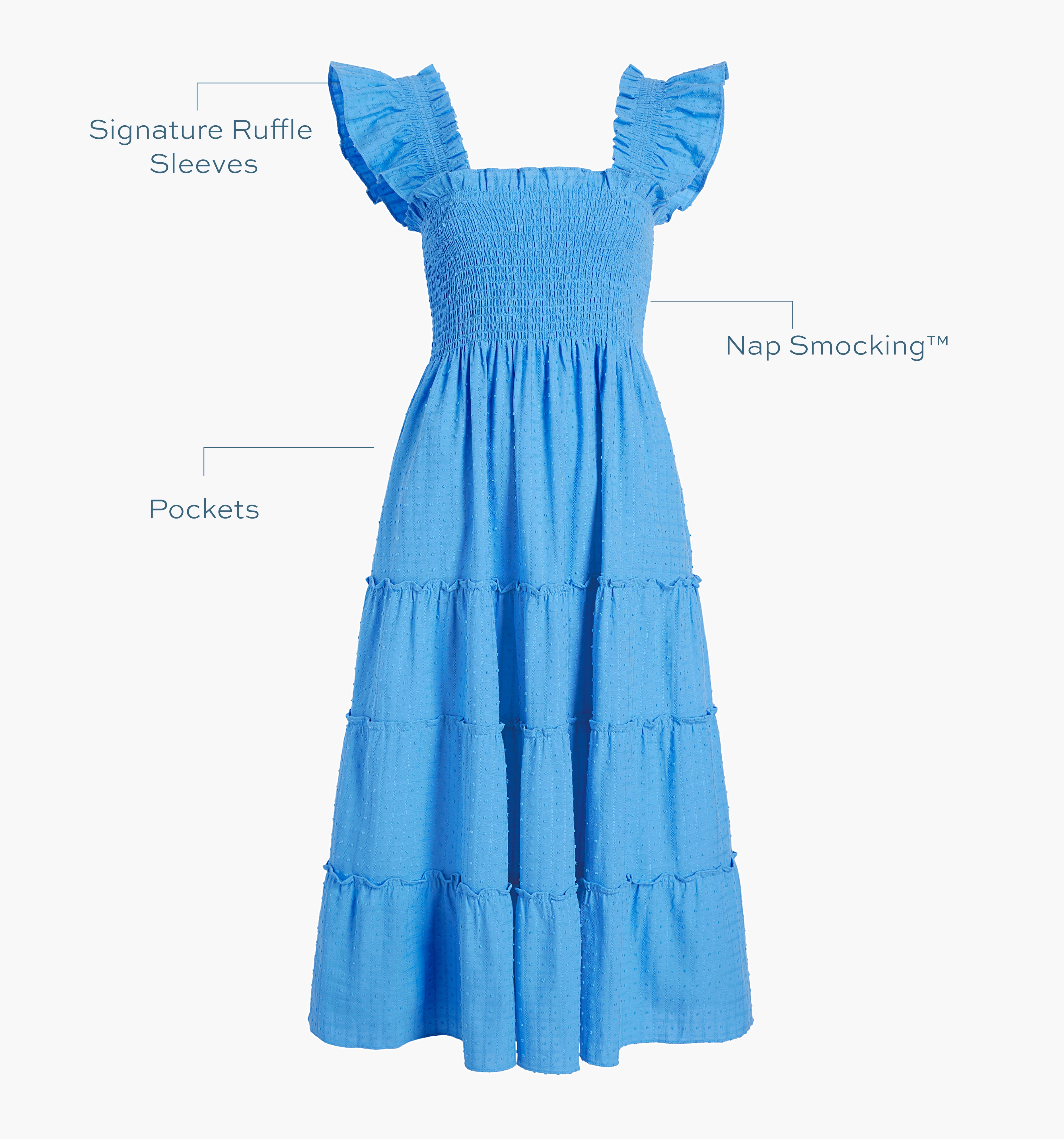 Image of a Nap Dress with text highlighting it's Signature ruffle sleeves, Nap Smocking™,  and Pockets color: Hydrangea Blue Textured Clip Dot
