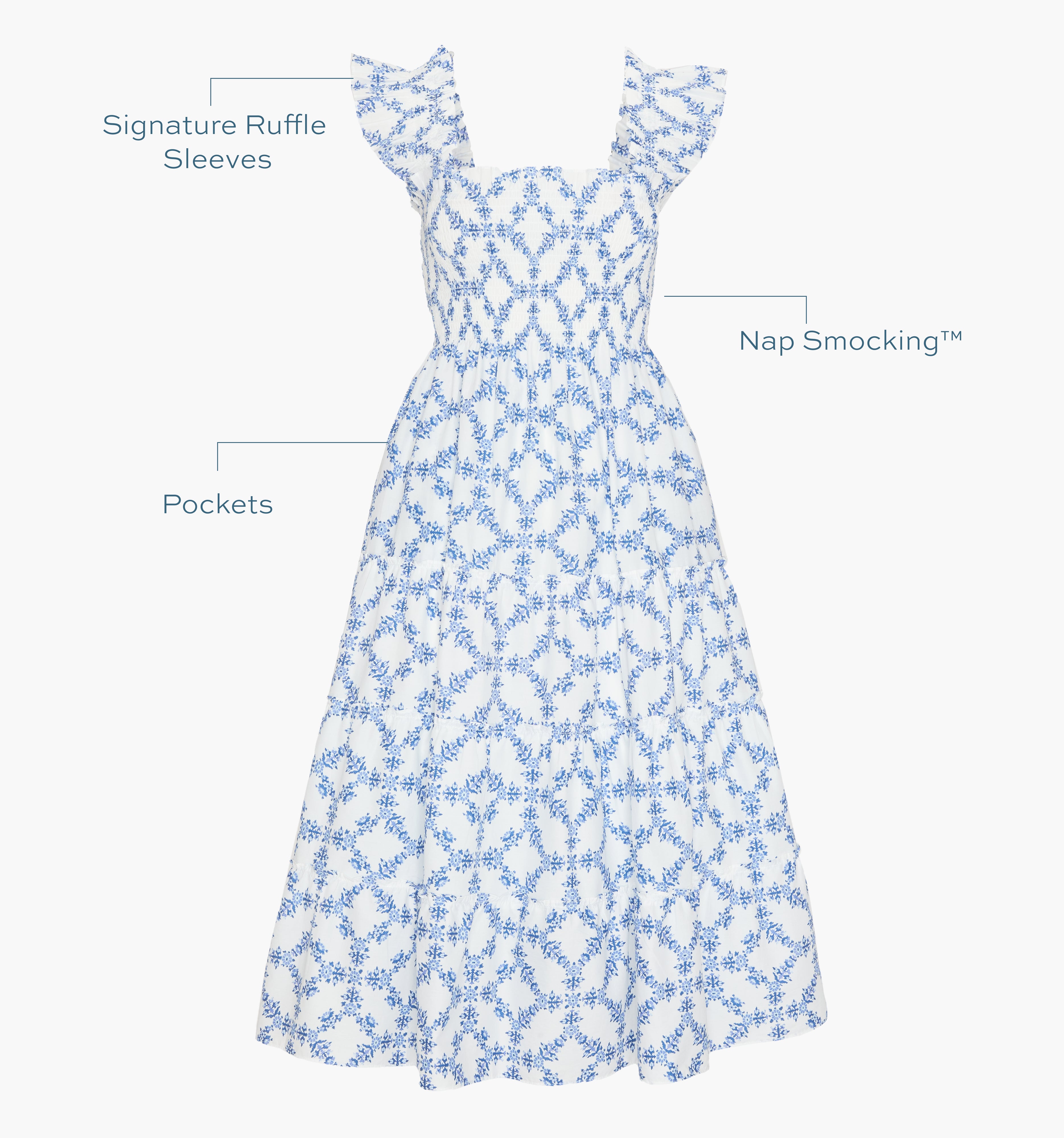 Image of a Nap Dress with text highlighting it's Signature ruffle sleeves, Nap Smocking™,  and Pockets color: Blue Marigold Block