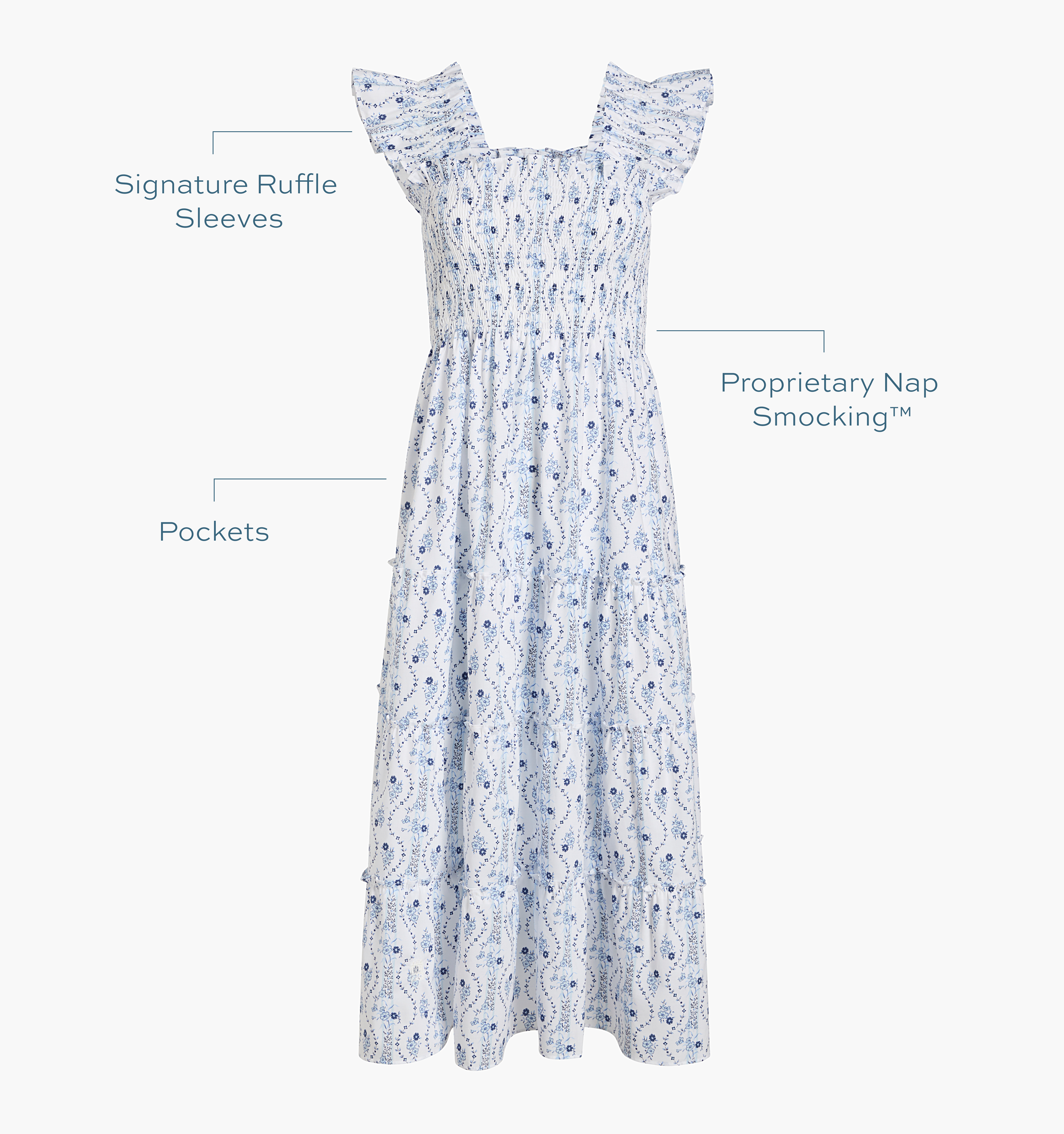 Signature ruffle sleeves, proprietary Nap Smocking™, Pockets color: blue vine stripe