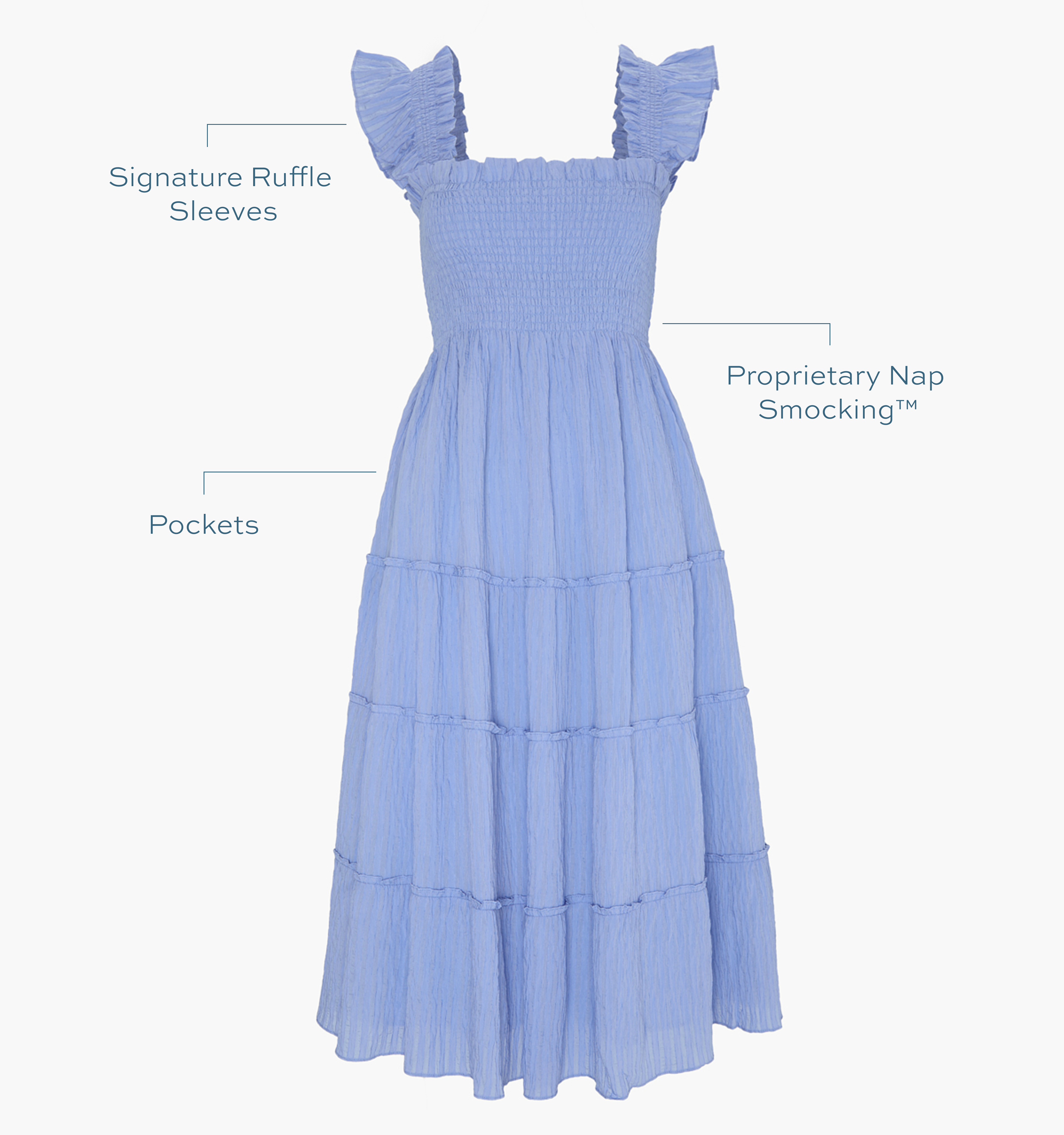 Signature ruffle sleeves, proprietary Nap Smocking™, Pockets color: bluebird tonal seersucker