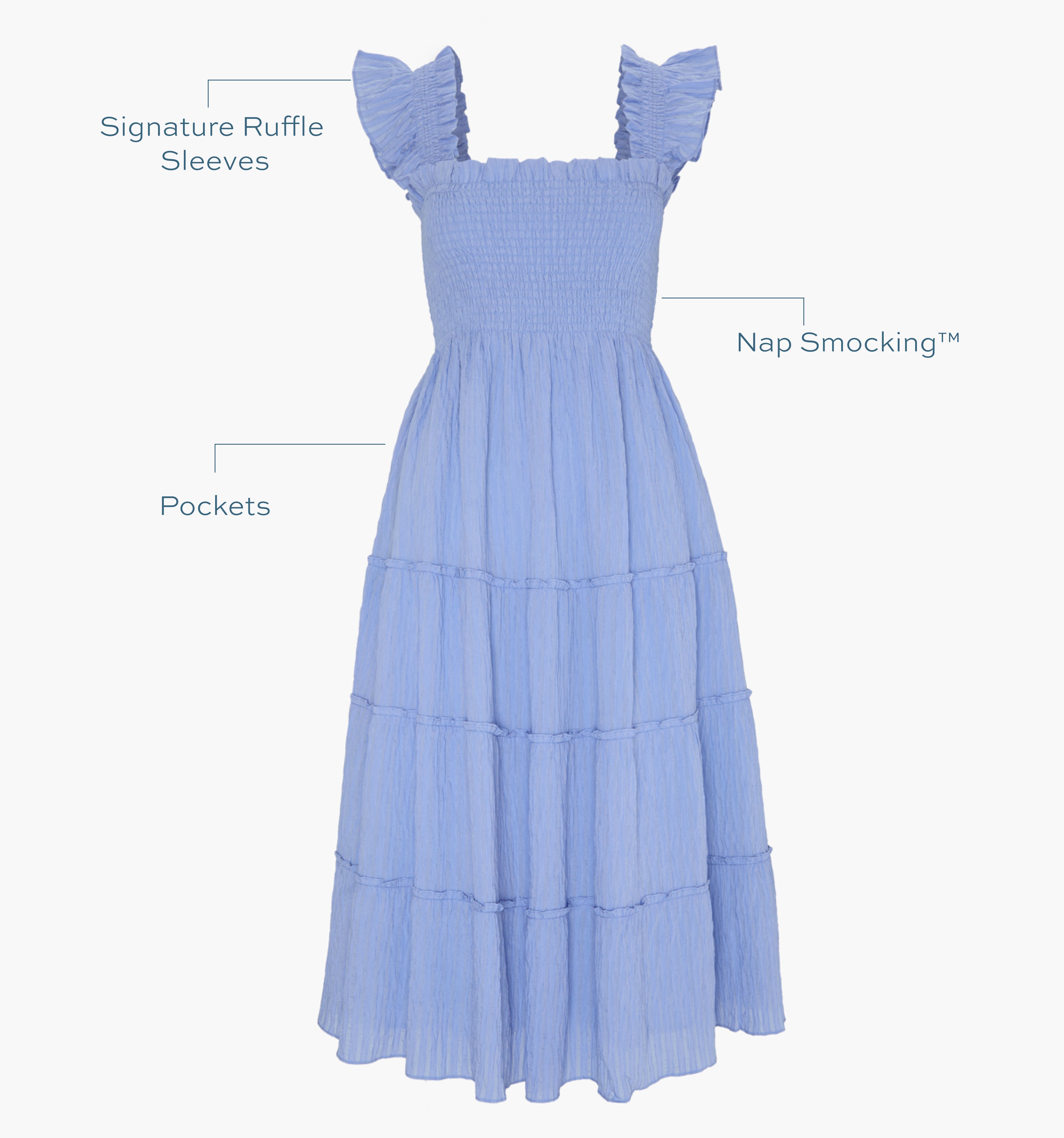 Image of a Nap Dress with text highlighting it's Signature ruffle sleeves, Nap Smocking™,  and Pockets color:Bluebird