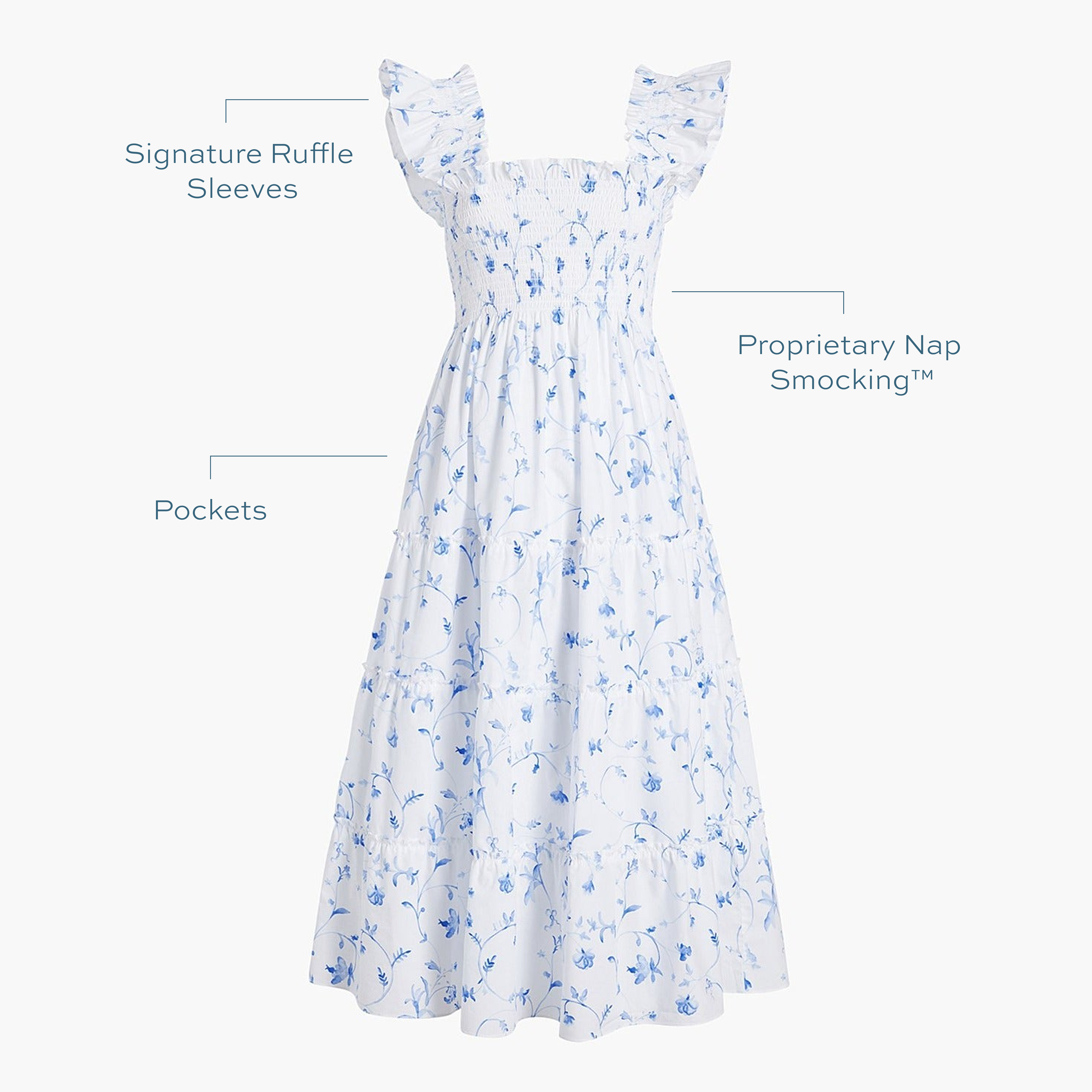 Signature ruffle sleeves, proprietary Nap Smocking™, Pockets color: blue botanical