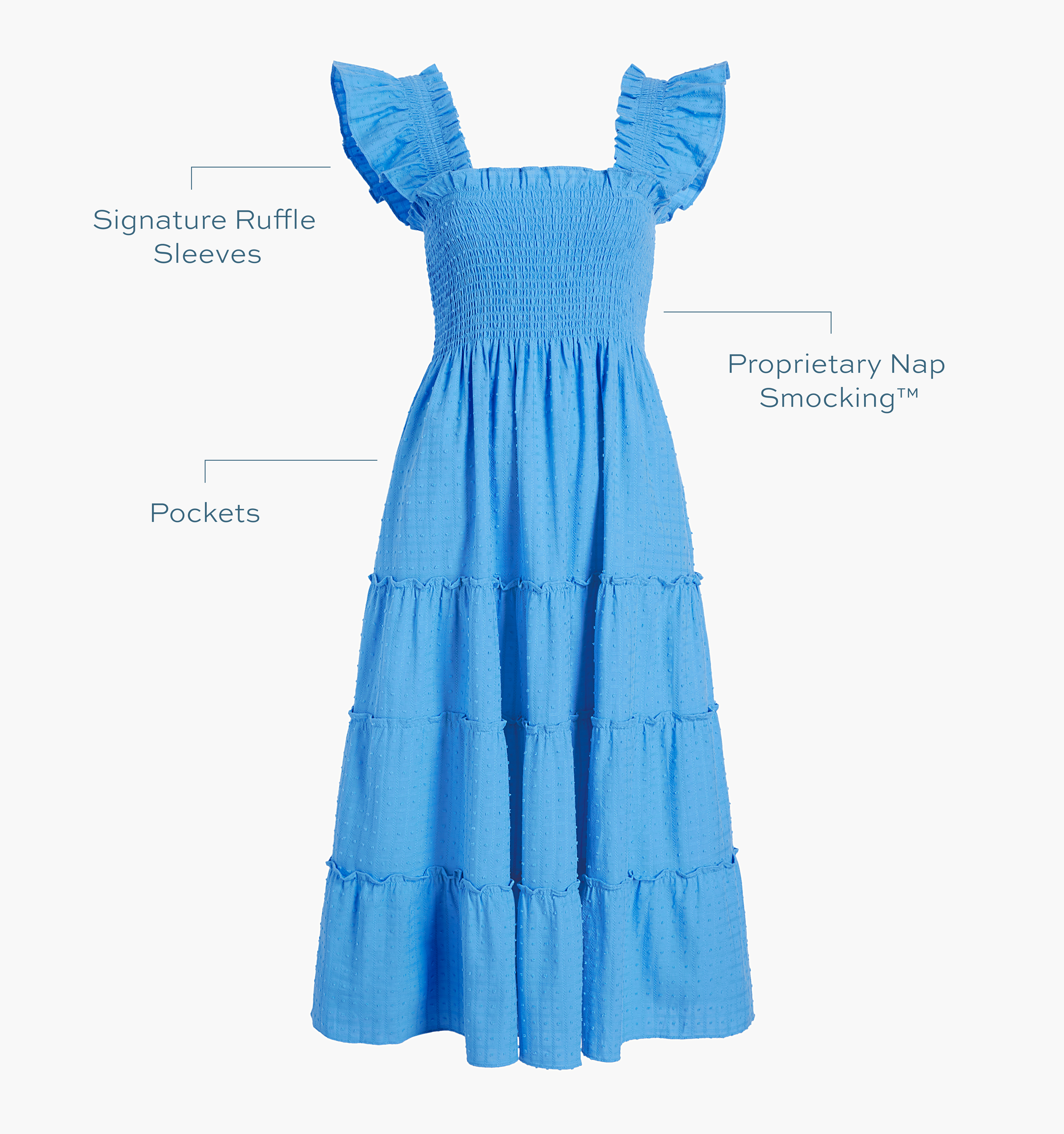 Signature ruffle sleeves, proprietary Nap Smocking™, Pockets color: hydrangea blue textured clip dot