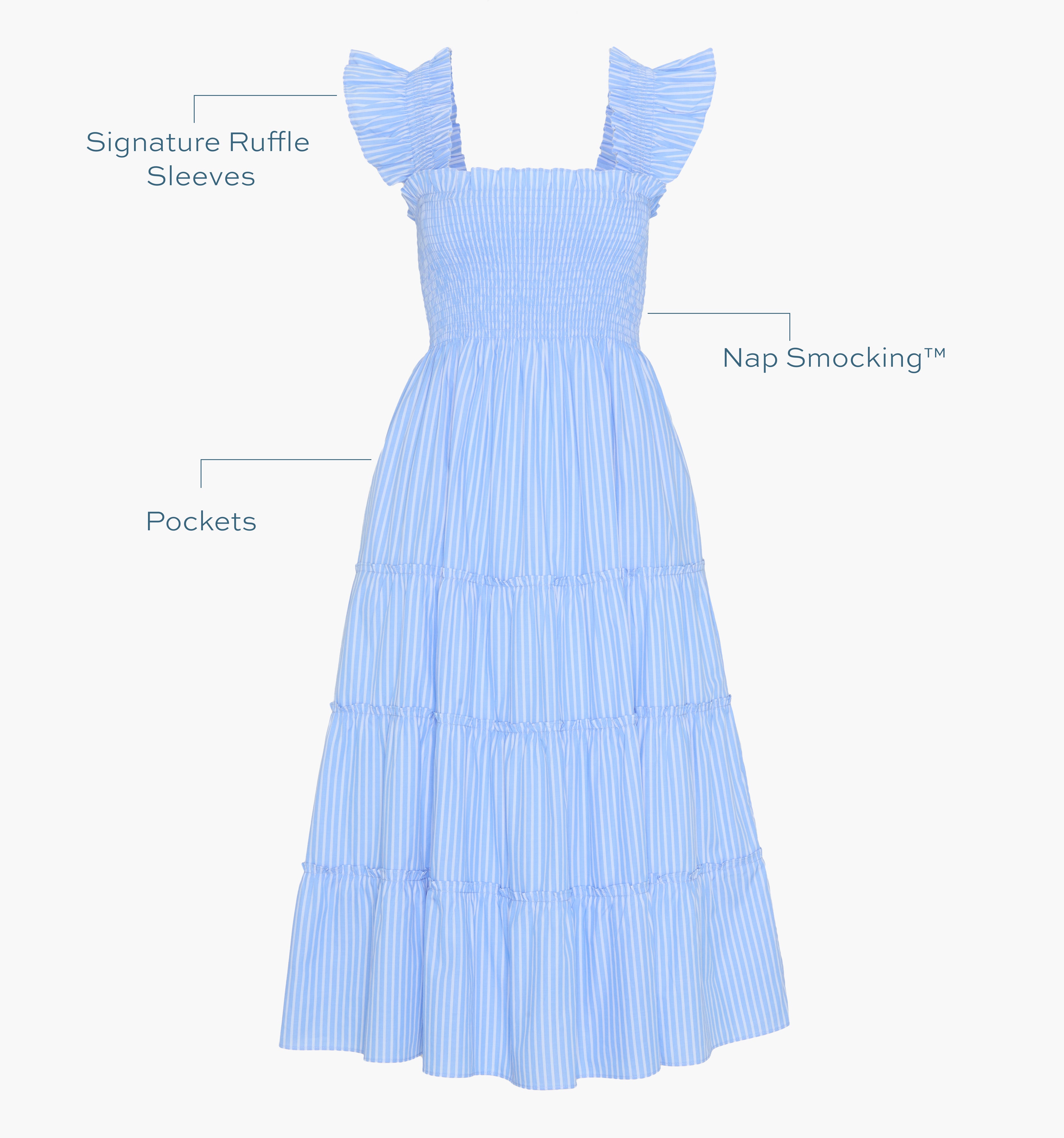 Image of a Nap Dress with text highlighting it's Signature ruffle sleeves, Nap Smocking™,  and Pockets color: Blue Stripe

