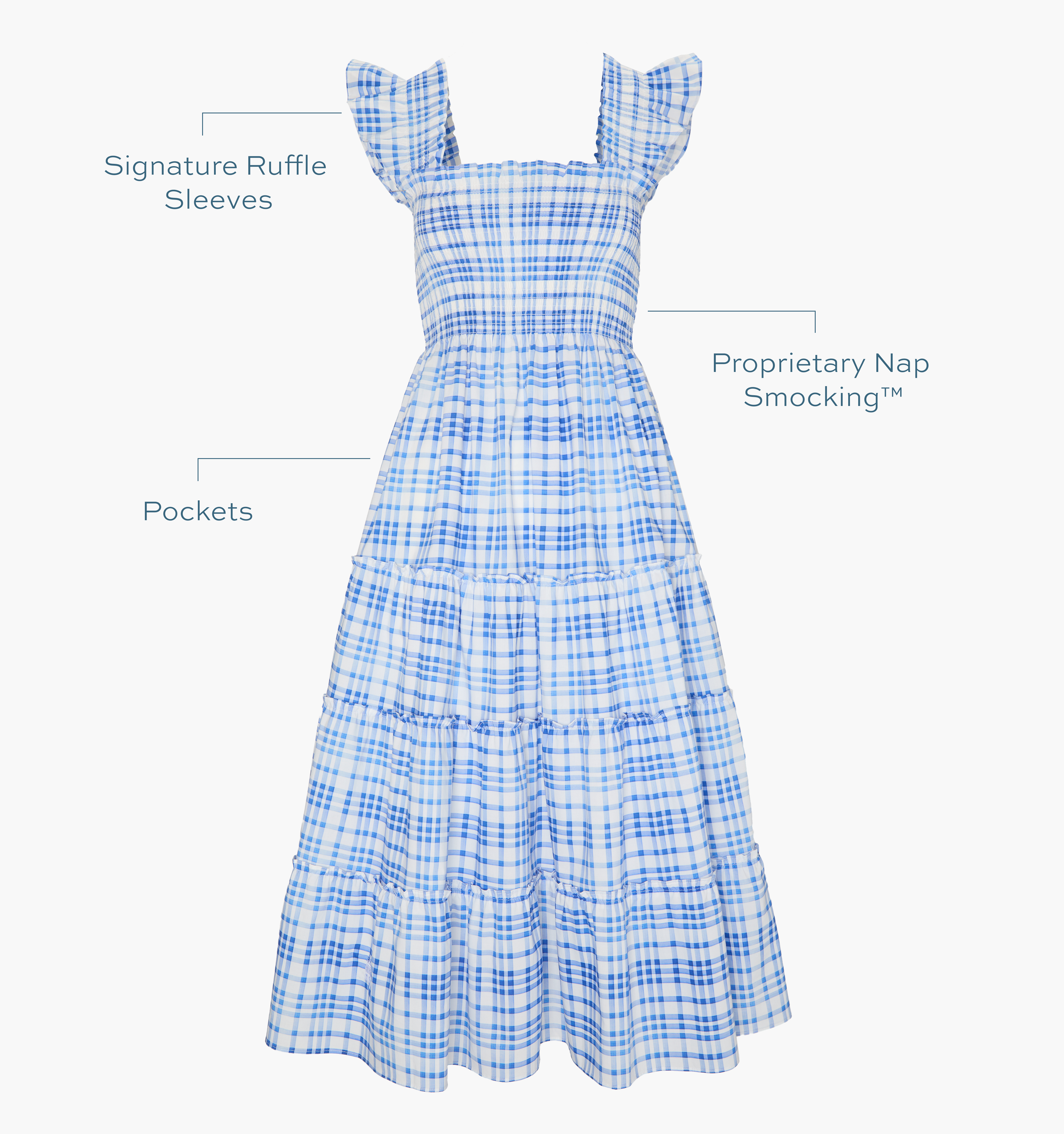 Signature ruffle sleeves, proprietary Nap Smocking™, Pockets color: blue watercolor gingham