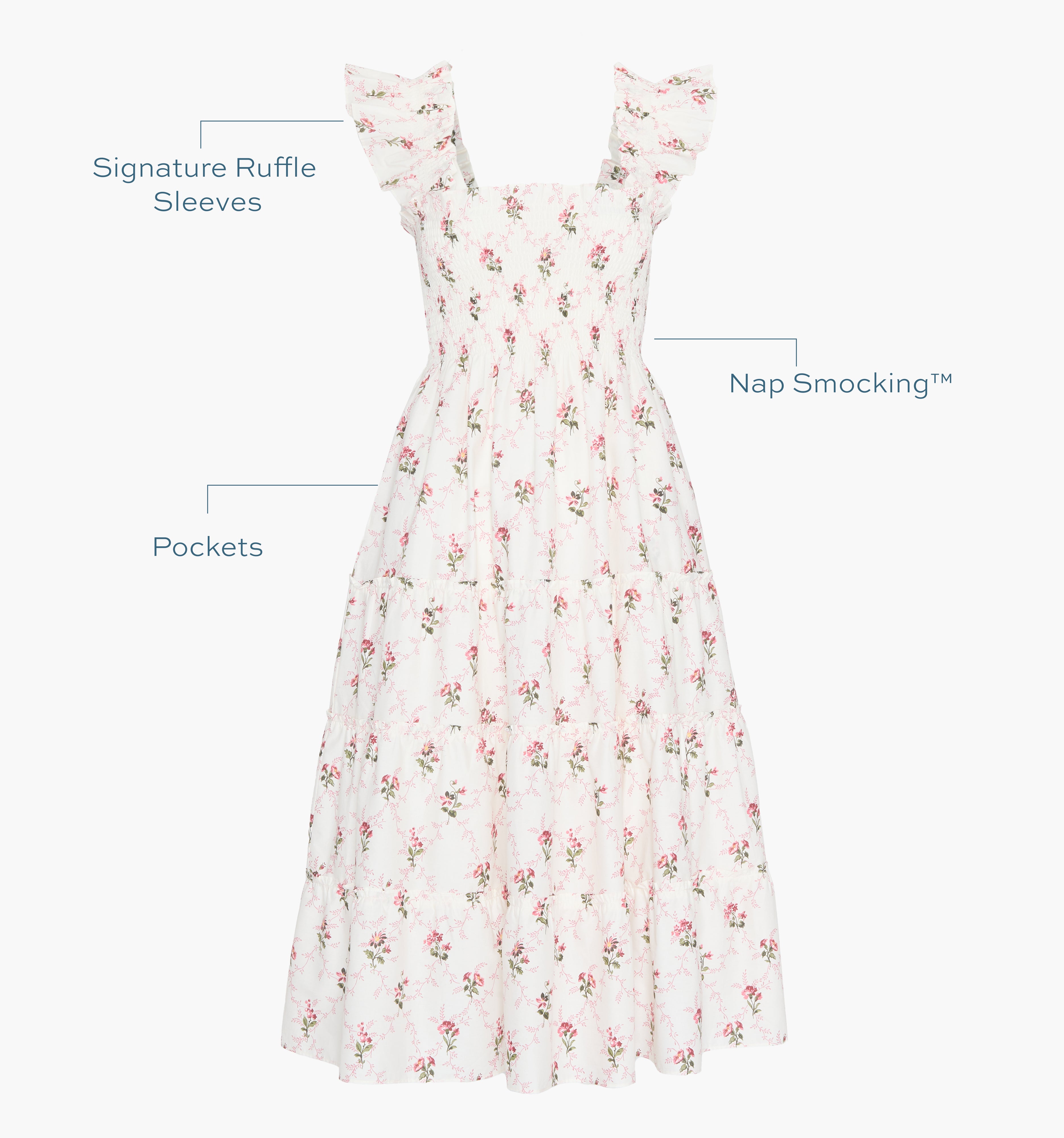 Image of a Nap Dress with text highlighting it's Signature ruffle sleeves, Nap Smocking™,  and Pockets color: Briar Trellis