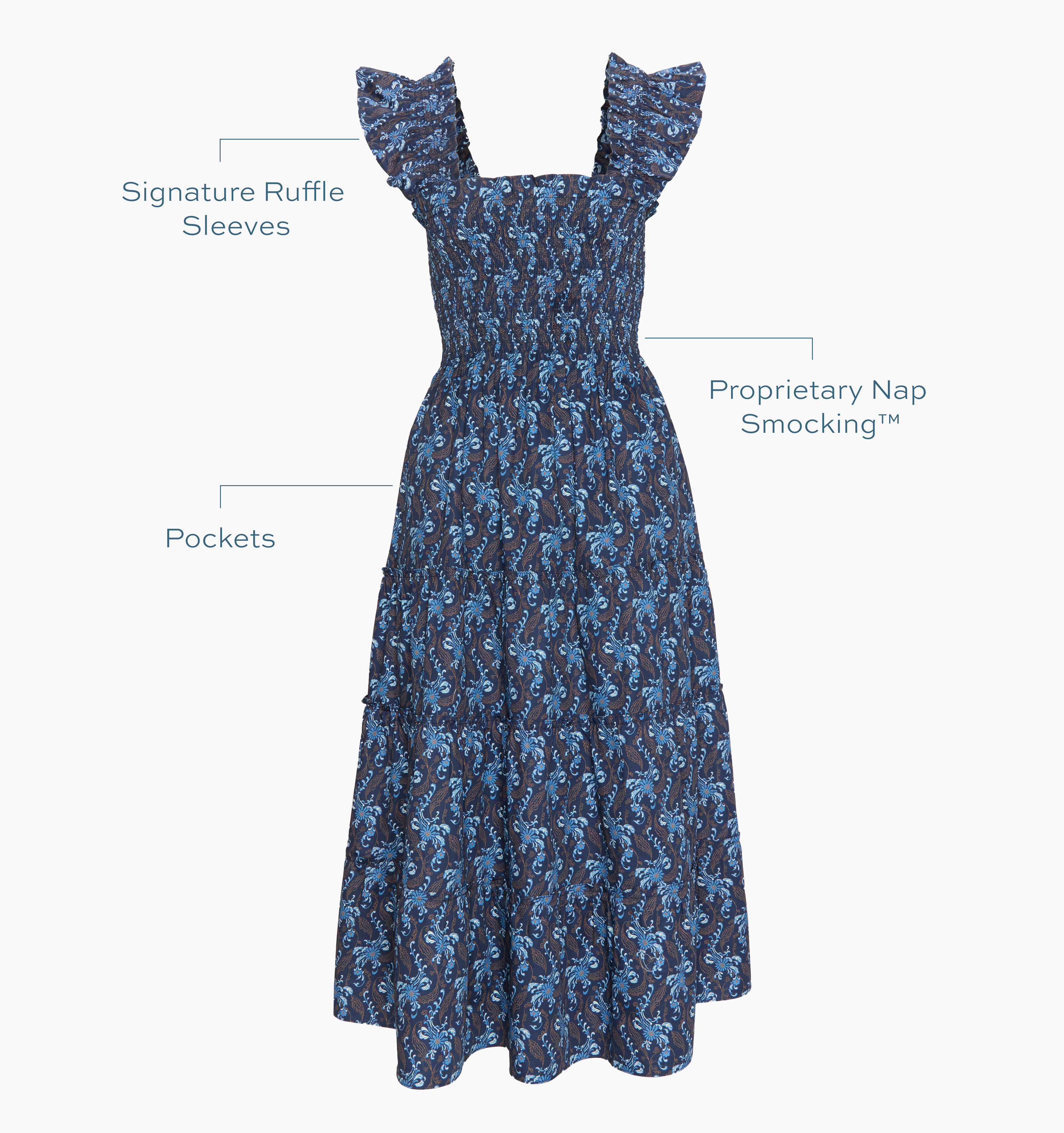 The Ellie Nap Dress in Navy Cala Paisley. Signature ruffle sleeves, proprietary Nap Smocking™, Pockets color: Navy Cala Paisley