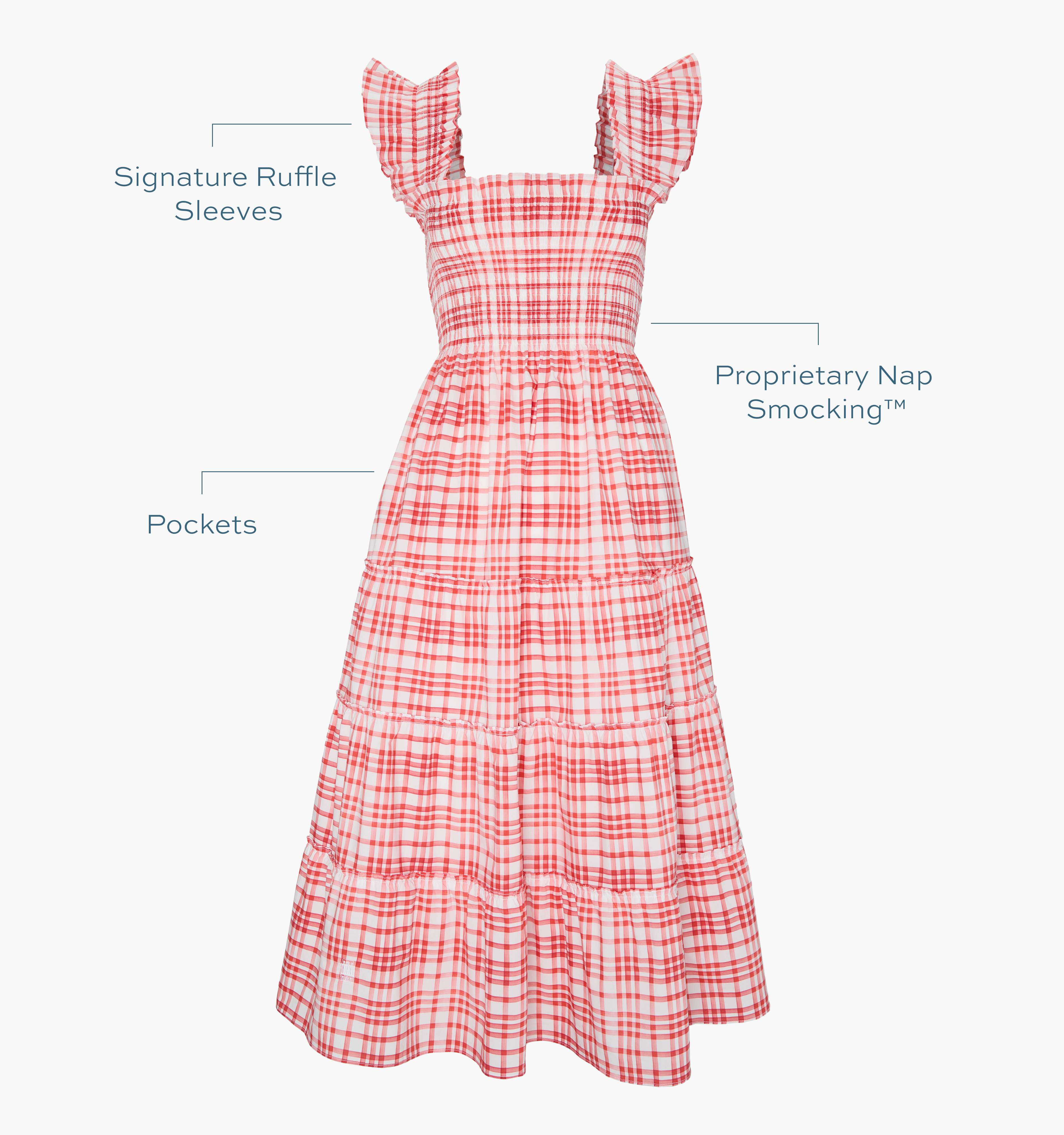 Signature ruffle sleeves, proprietary Nap Smocking™, Pockets color: cherry watercolor gingham