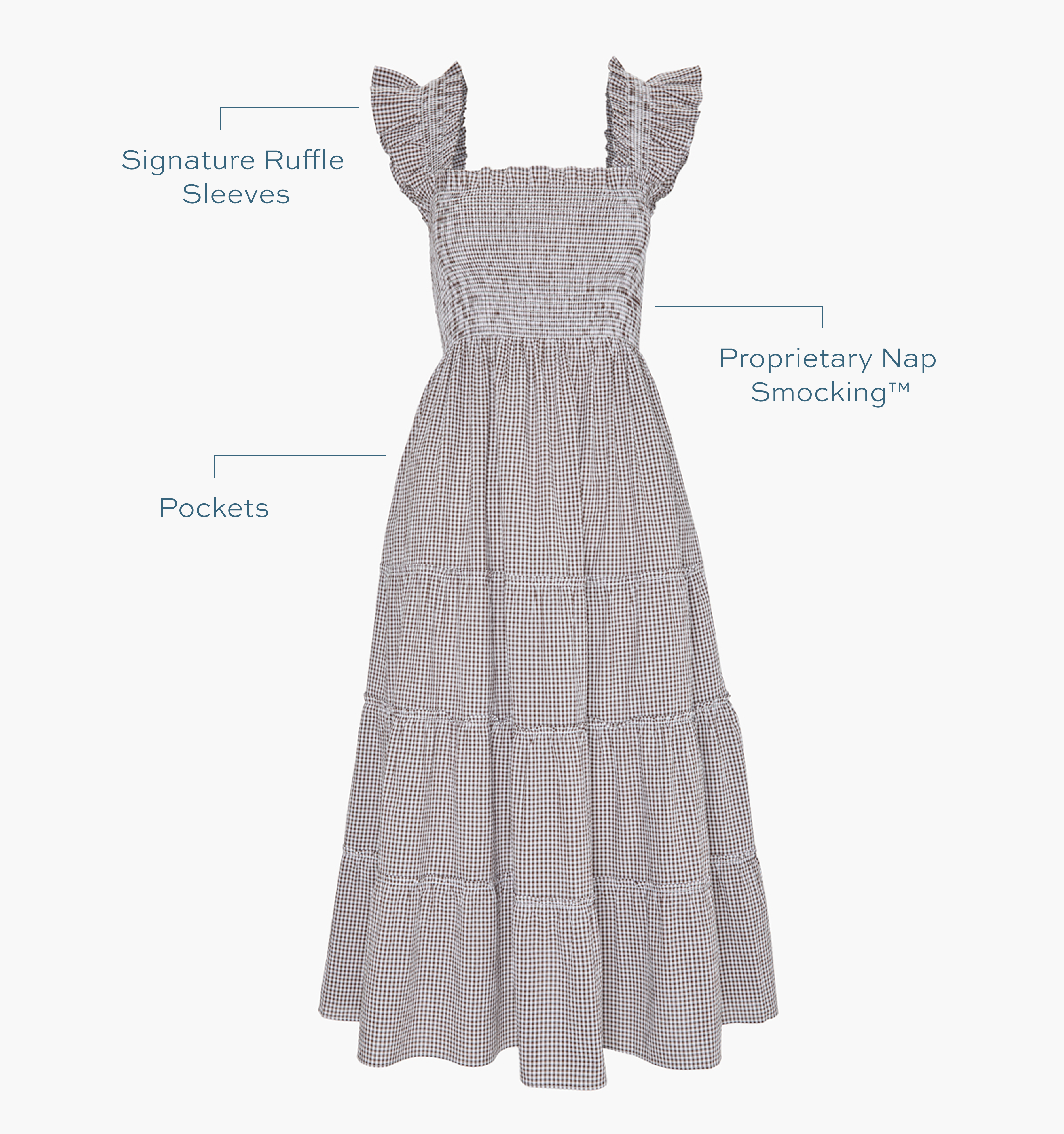 Signature ruffle sleeves, proprietary Nap Smocking™, Pockets color: chocolate gingham