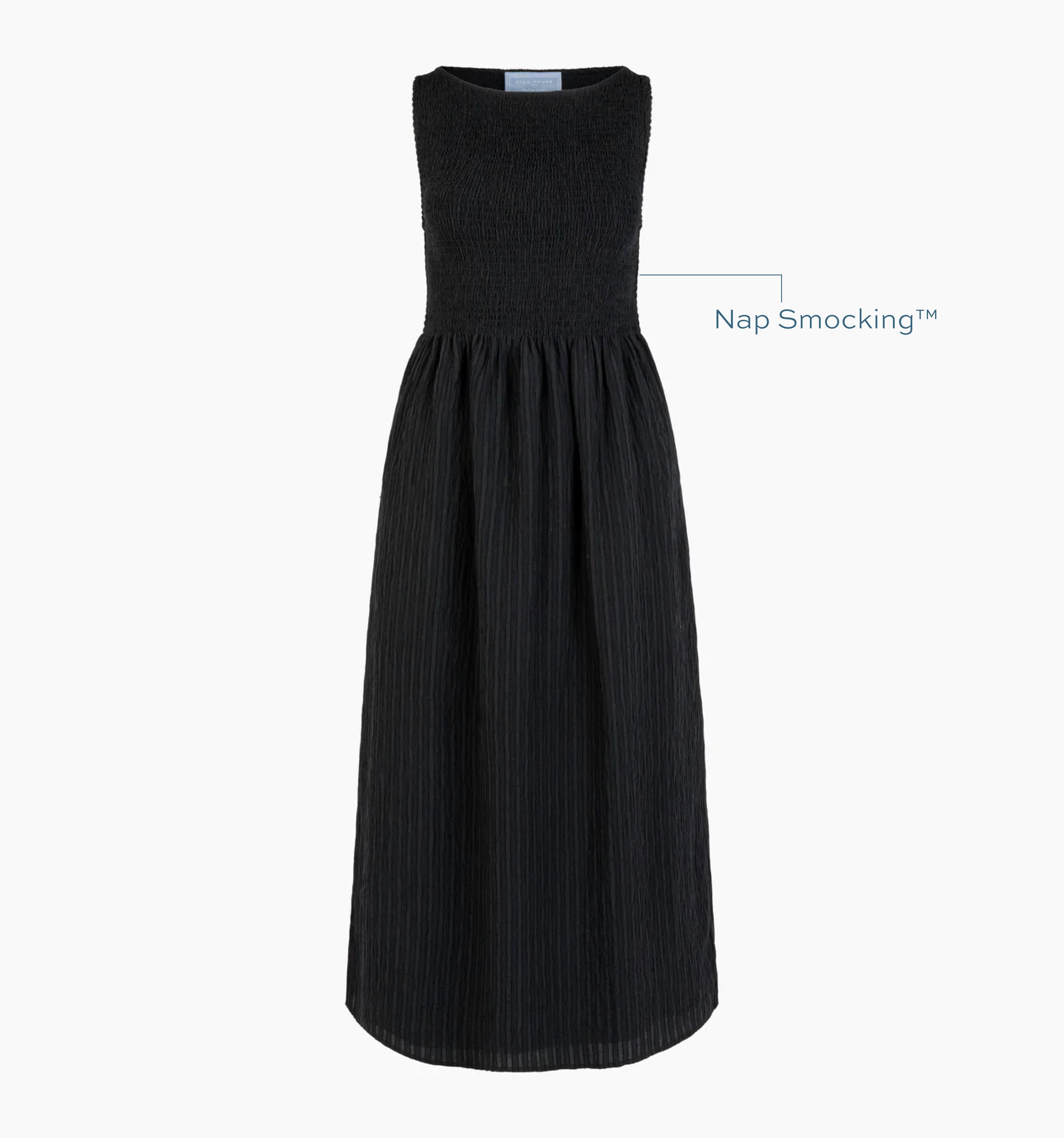 Image of a Nap Dress with text highlighting it's Nap Smocking™ color: Black Tonal Seersucker