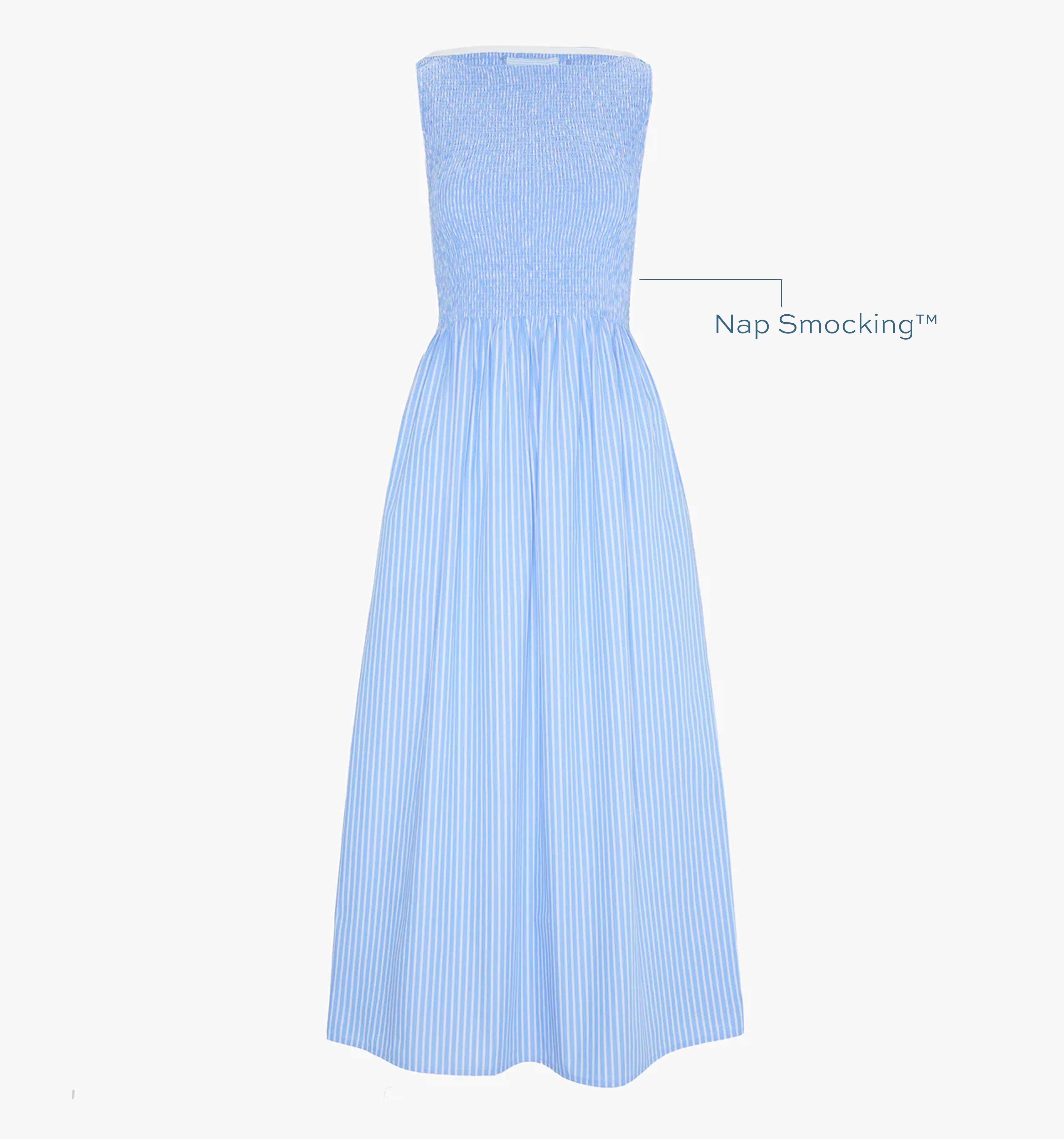 Image of a Nap Dress with text highlighting it's Nap Smocking™ color: Blue Stripe
