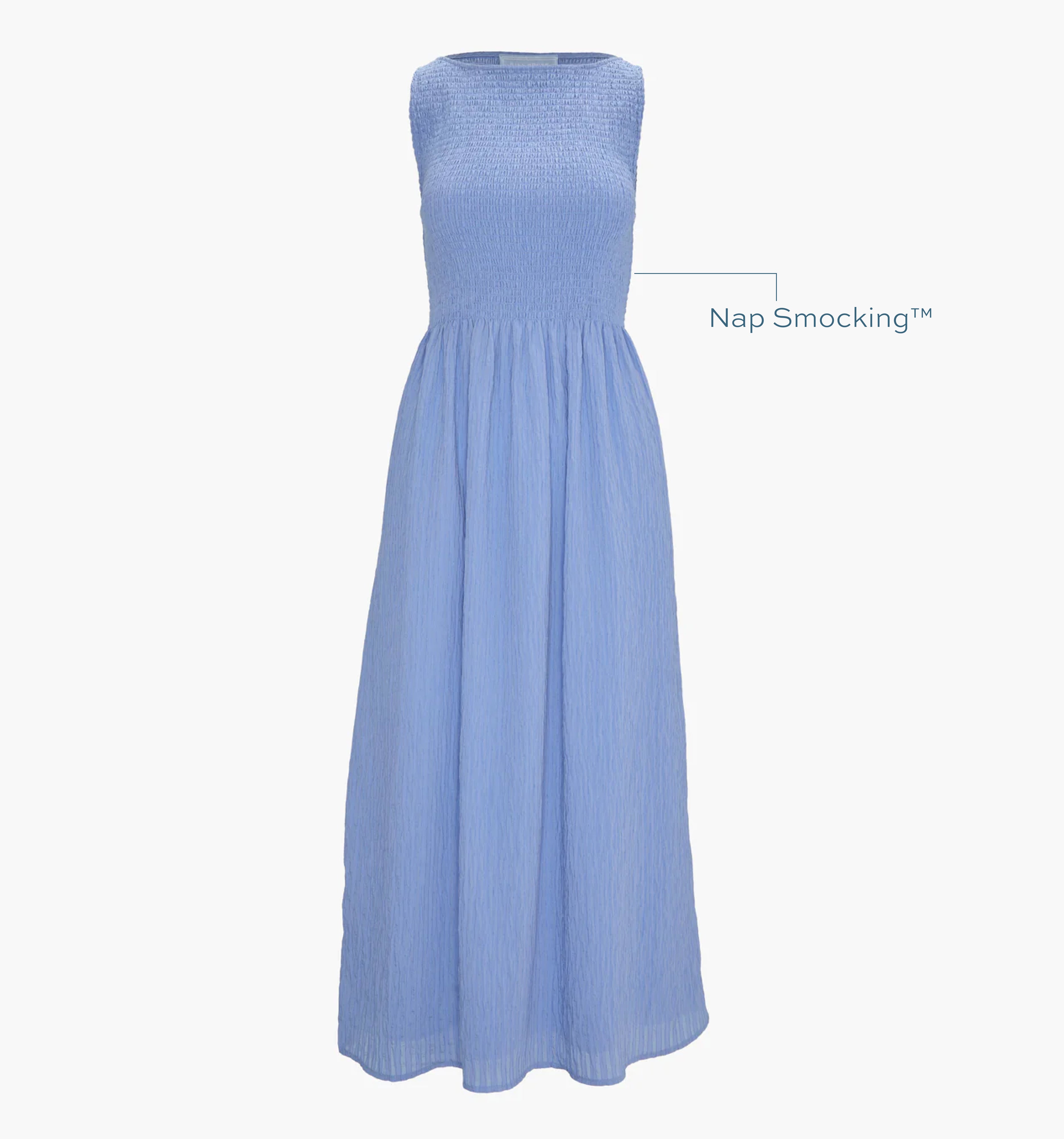 Image of a Nap Dress with text highlighting it's Nap Smocking™ color: Bluebird Tonal Seersucker