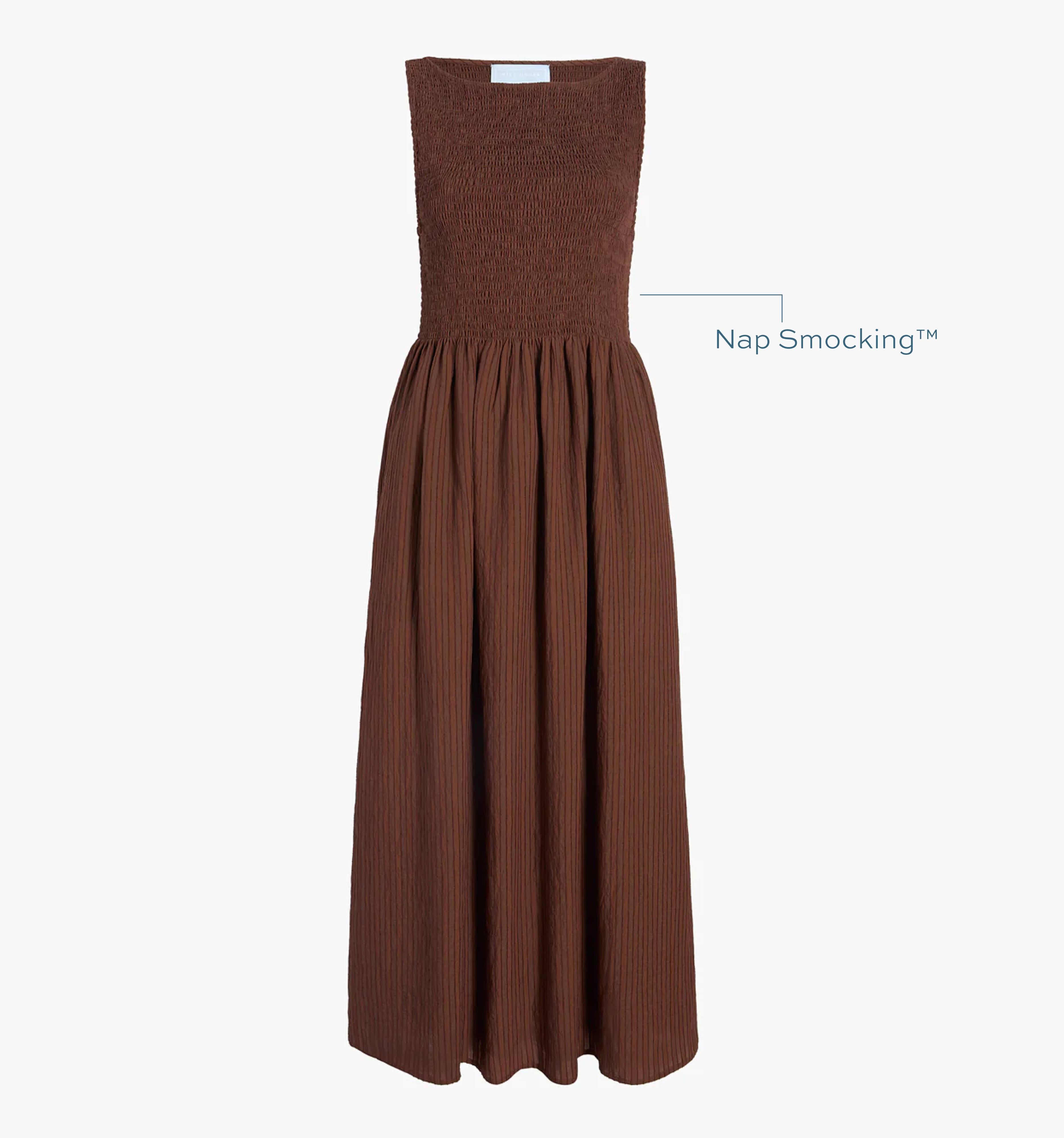 Image of a Nap Dress with text highlighting it's Nap Smocking™ color: Chocolate Tonal Seersucker