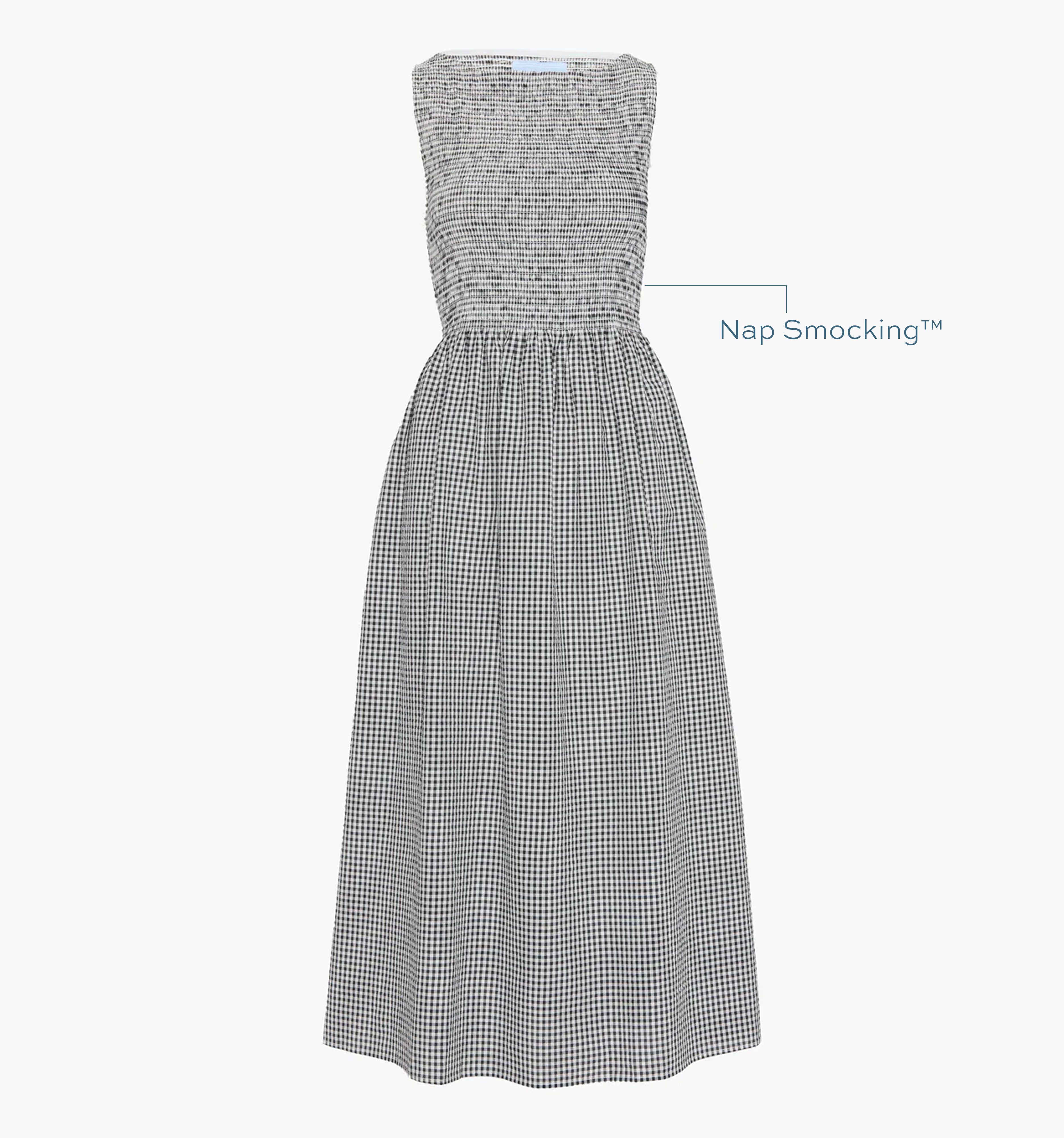 Image of a Nap Dress with text highlighting it's Nap Smocking™ color: Black/Sand Gingham