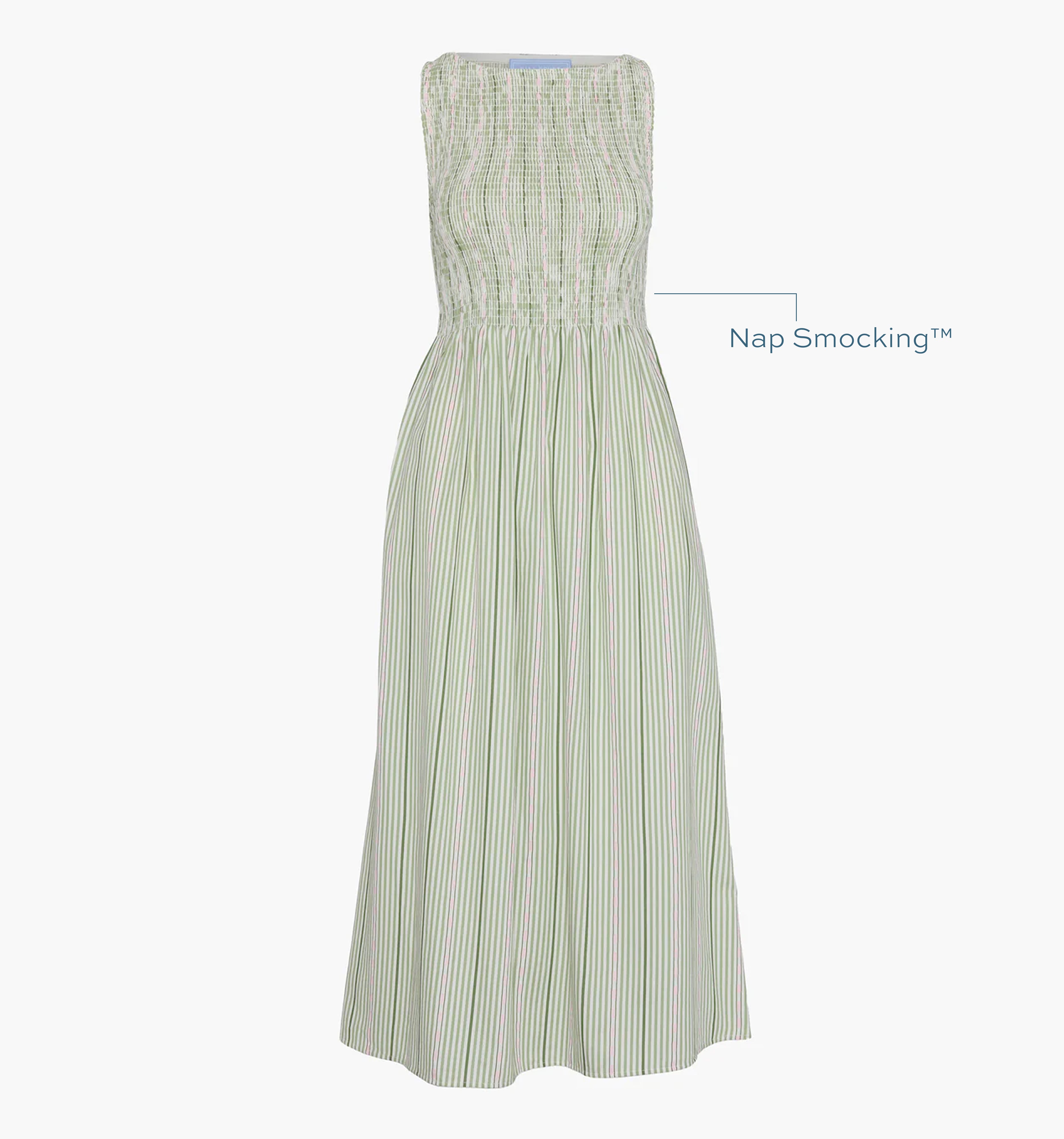 Image of a Nap Dress with text highlighting it's Nap Smocking™ color: Green Jacquard Stripe