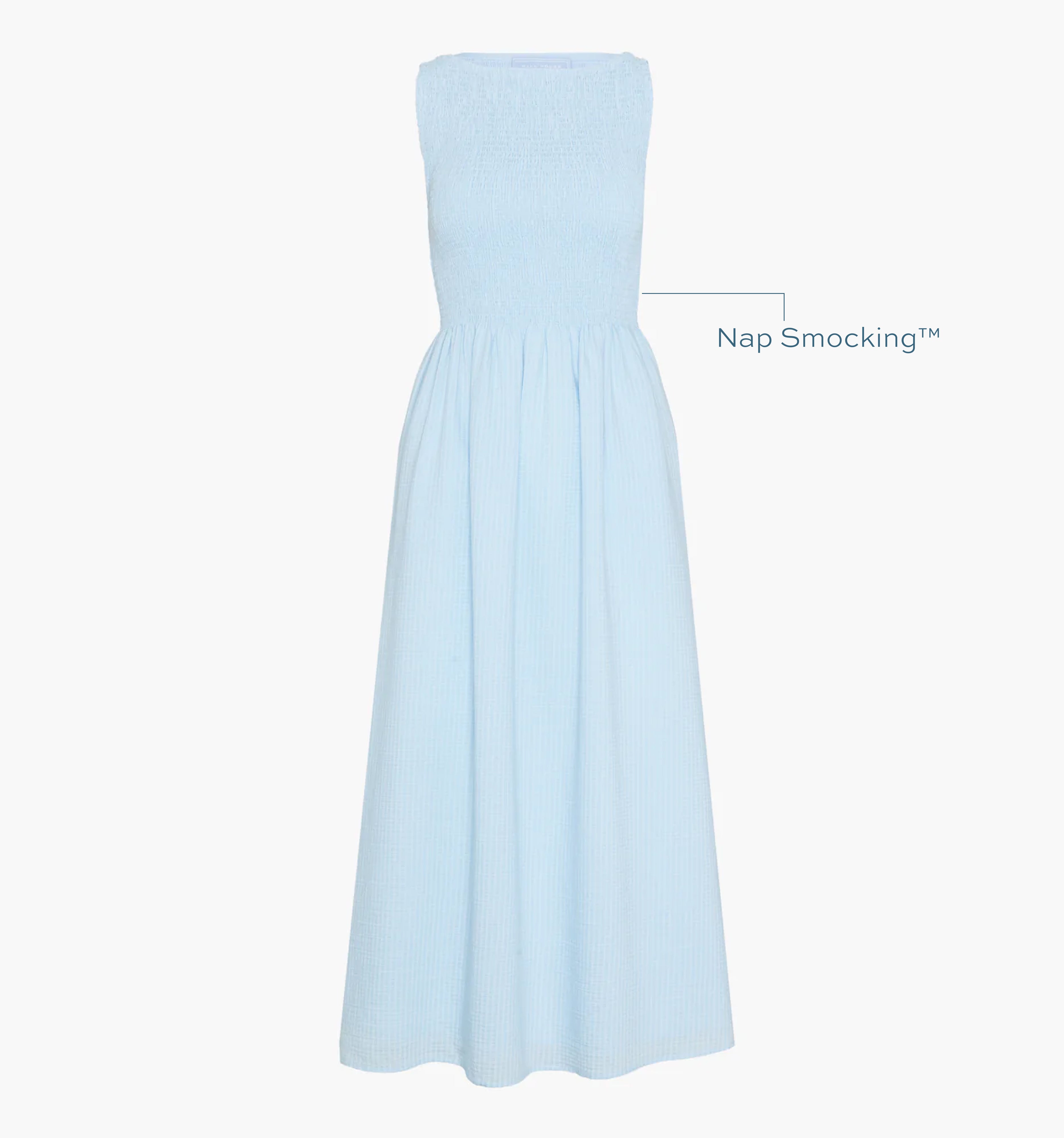 Image of a Nap Dress with text highlighting it's Nap Smocking™ color: Pale Blue