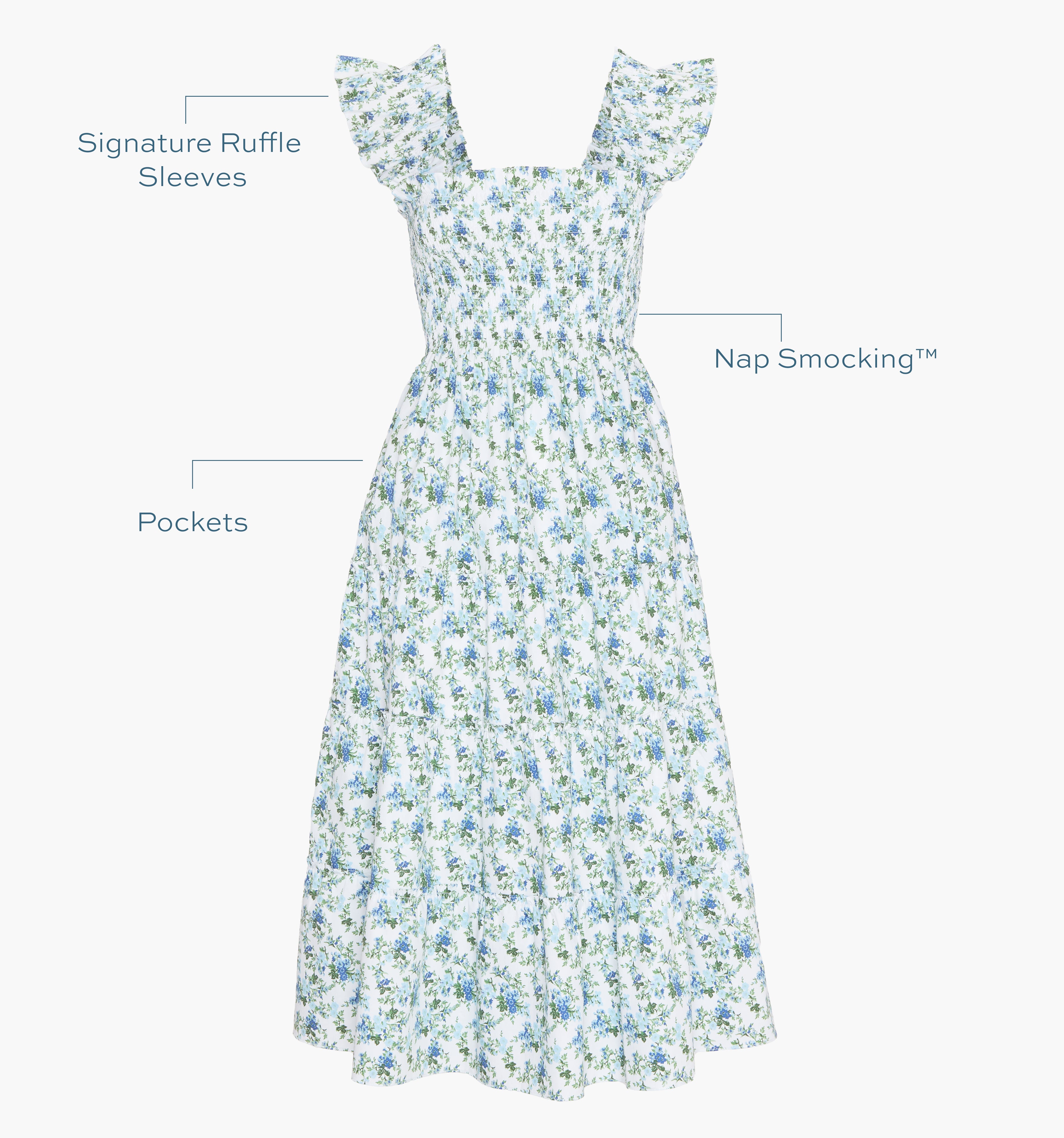 Image of a Nap Dress with text highlighting it's Signature ruffle sleeves, Nap Smocking™,  and Pockets color: English Daisy